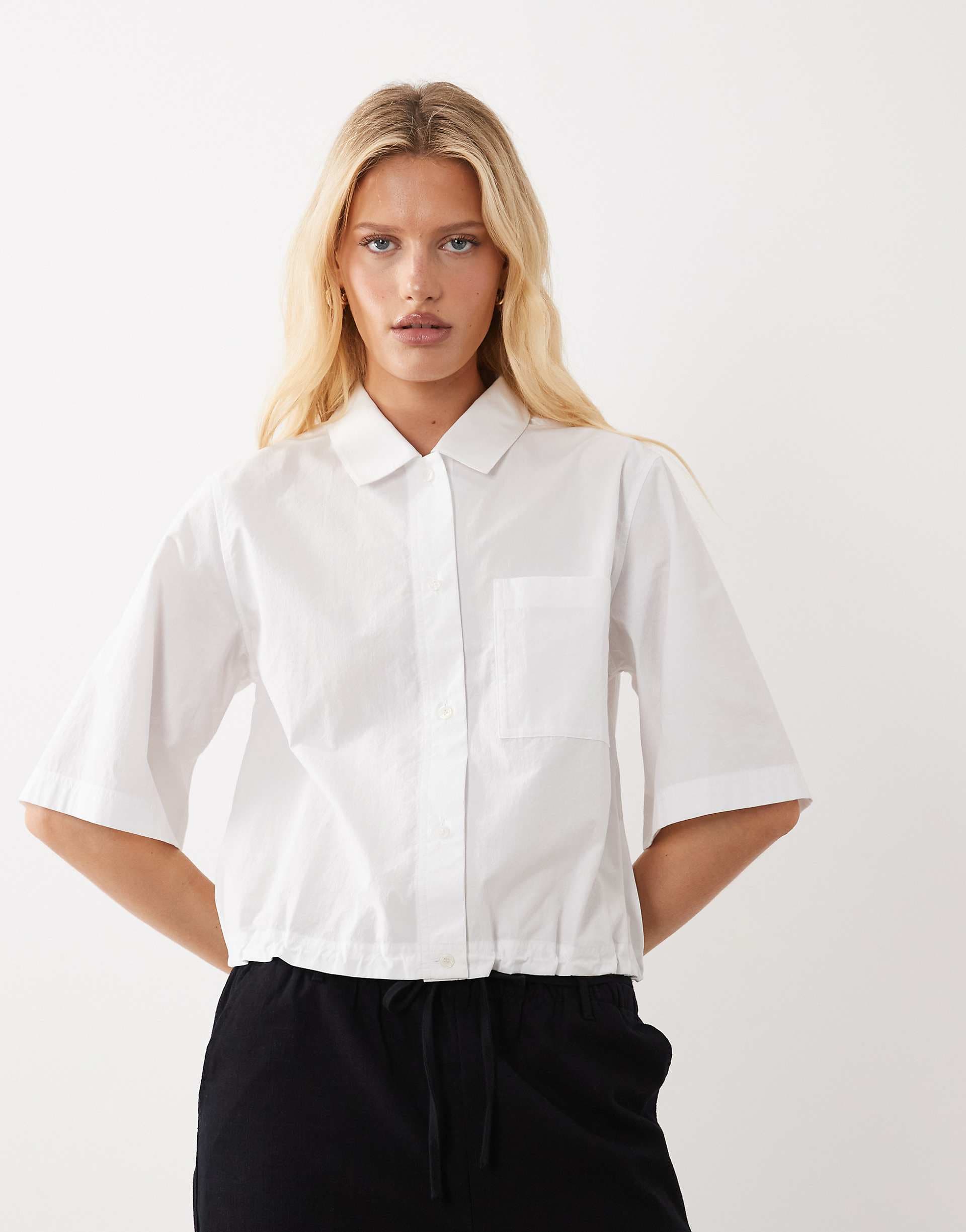 ARKET short sleeved pure cotton shirt with drawstring waist in white