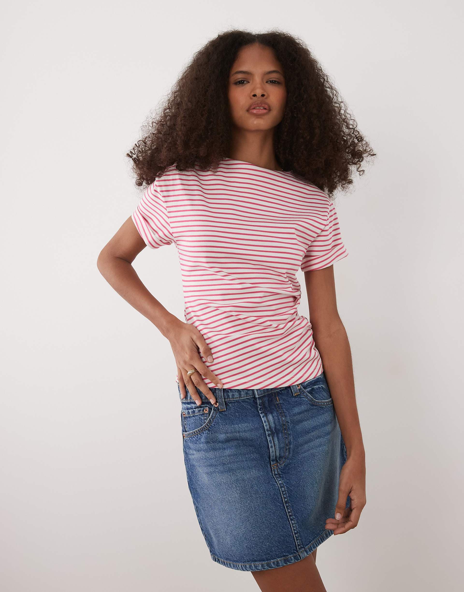 ASOS DESIGN cuffed sleeves ruched sides t-shirt in pink and white stripes