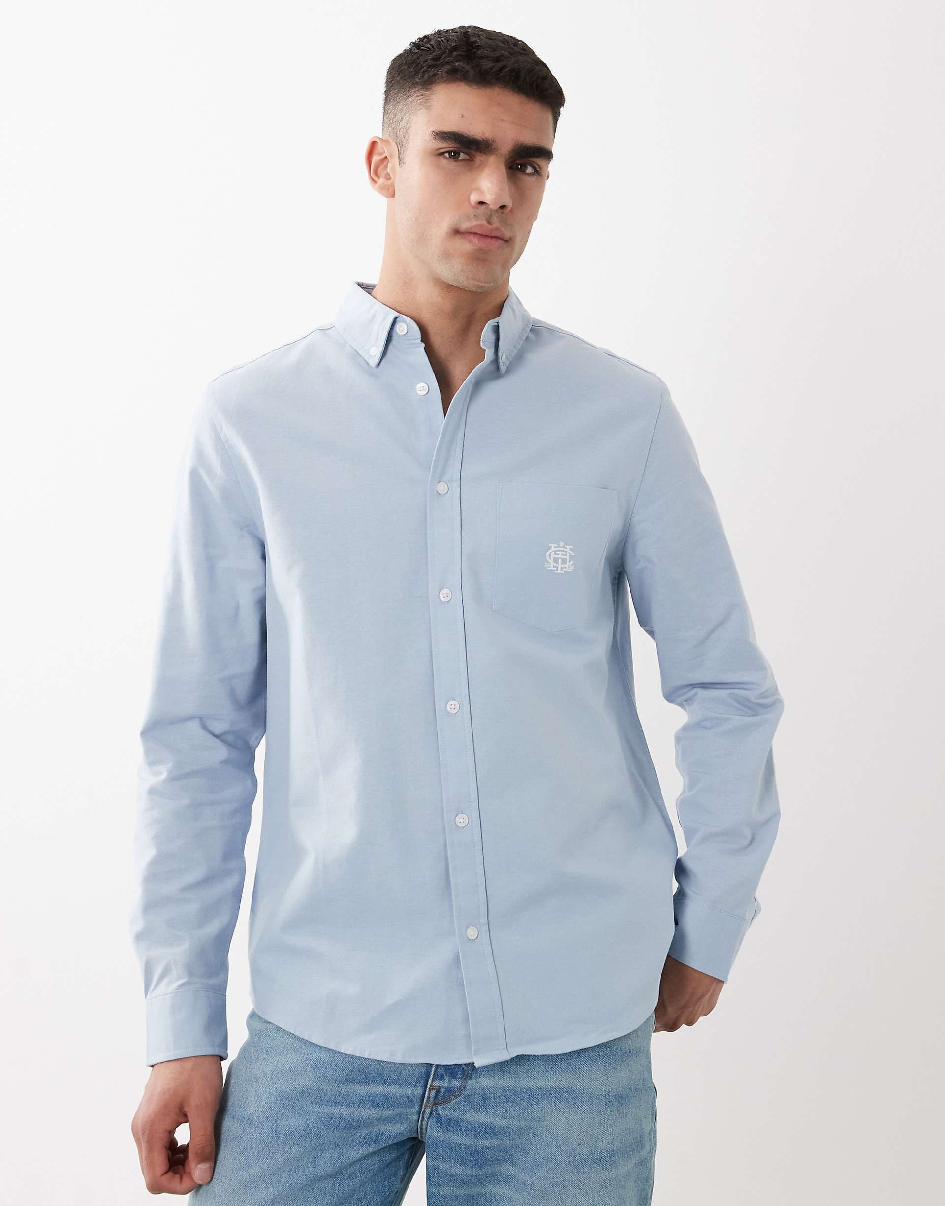 ASOS DESIGN regular fit oxford shirt with chest embroidery in light blue