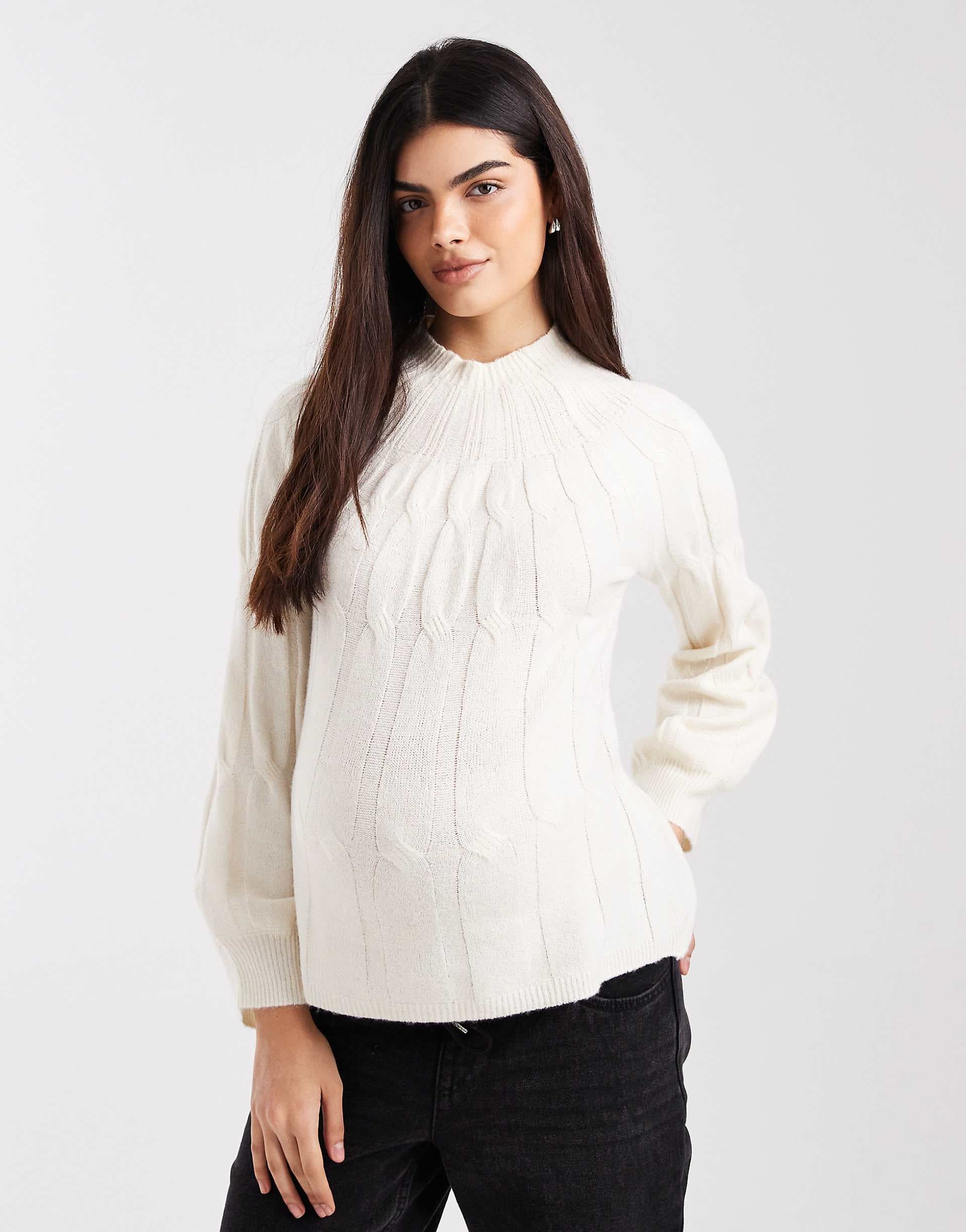 Vero Moda Maternity chunky cable knit high neck sweater in cream