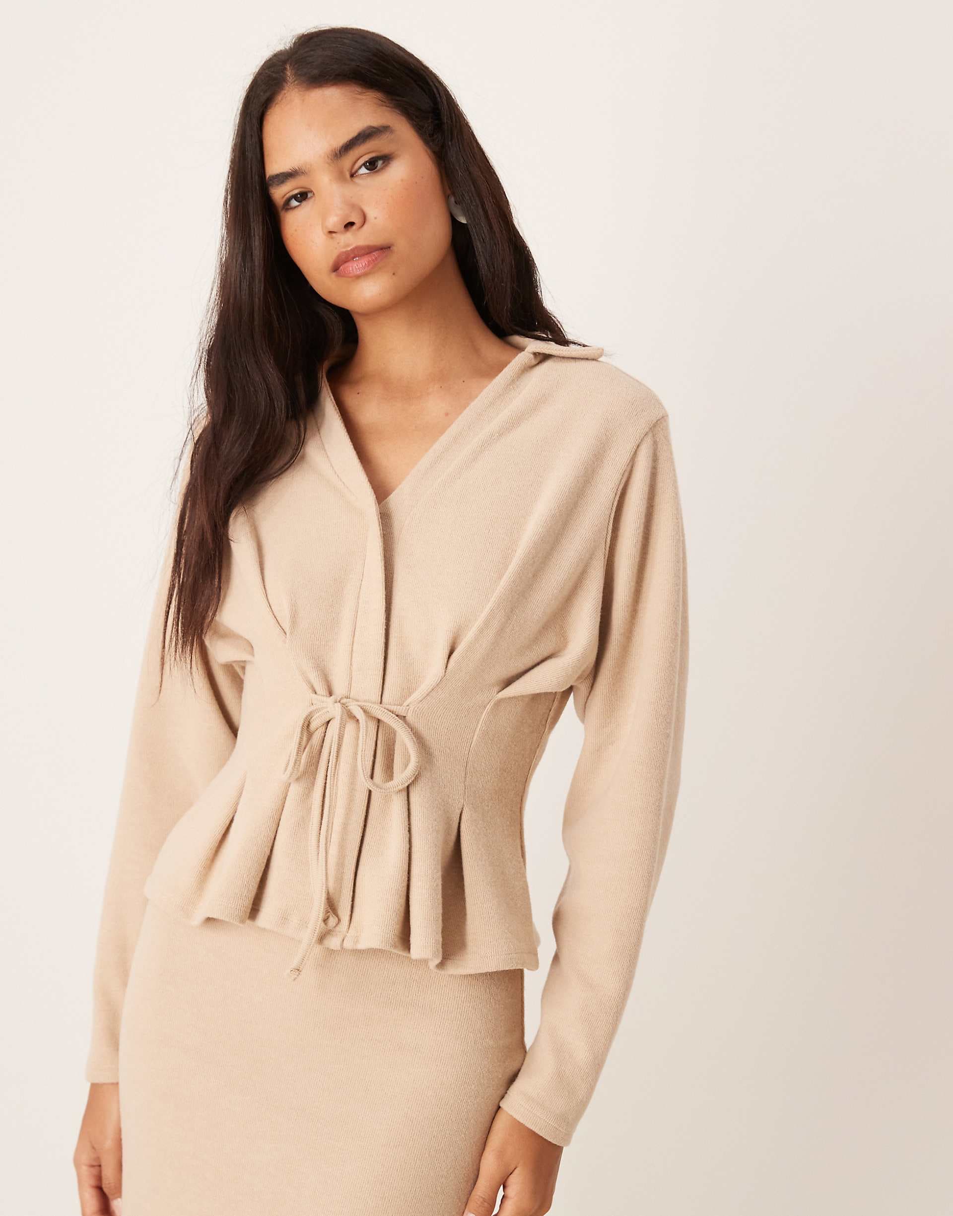 ASOS DESIGN Supersoft tie detailing cinched waist long sleeve polo top in light taupe - part of a set