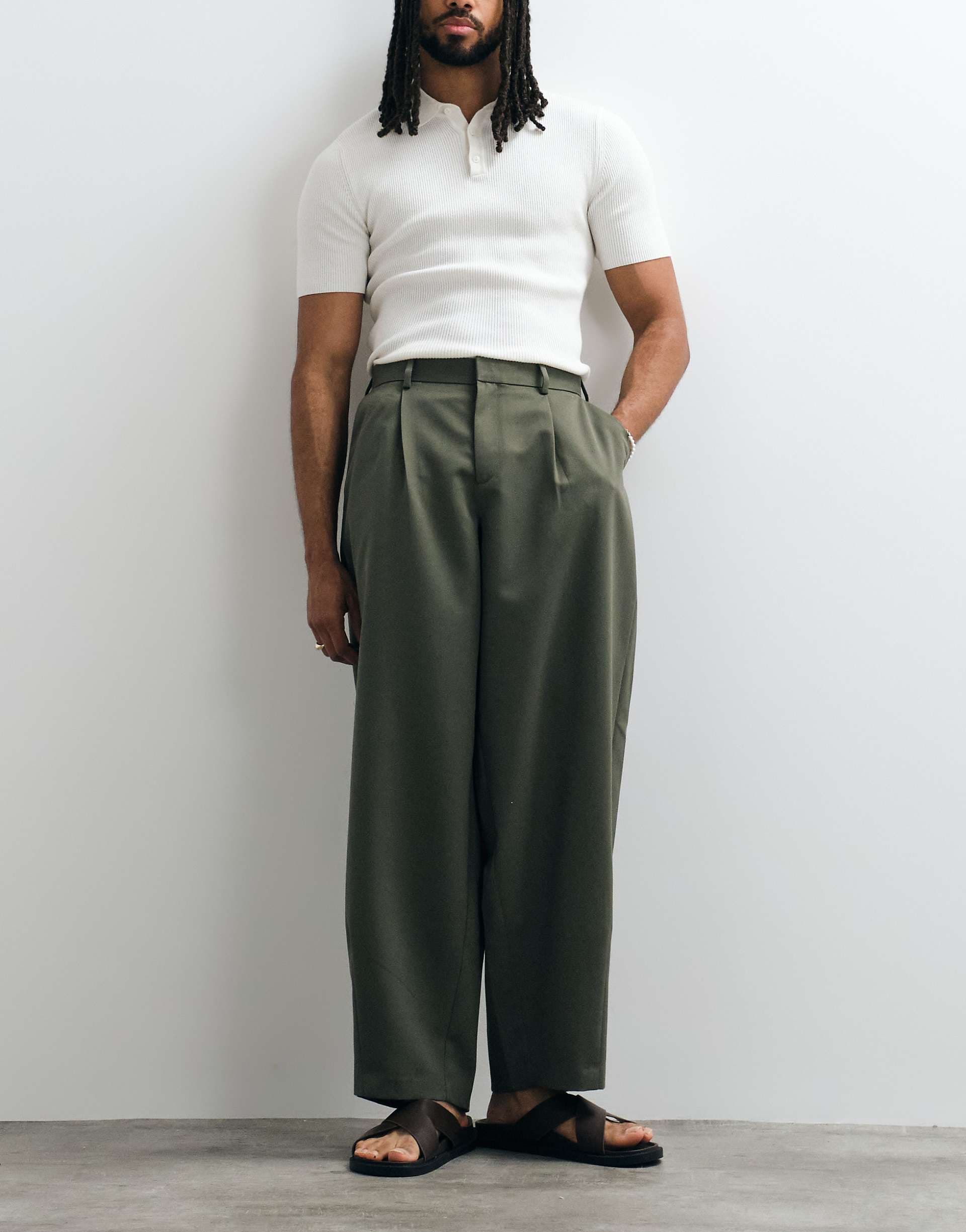 ASOS DESIGN tailored pleated wide barrel leg pants in olive green