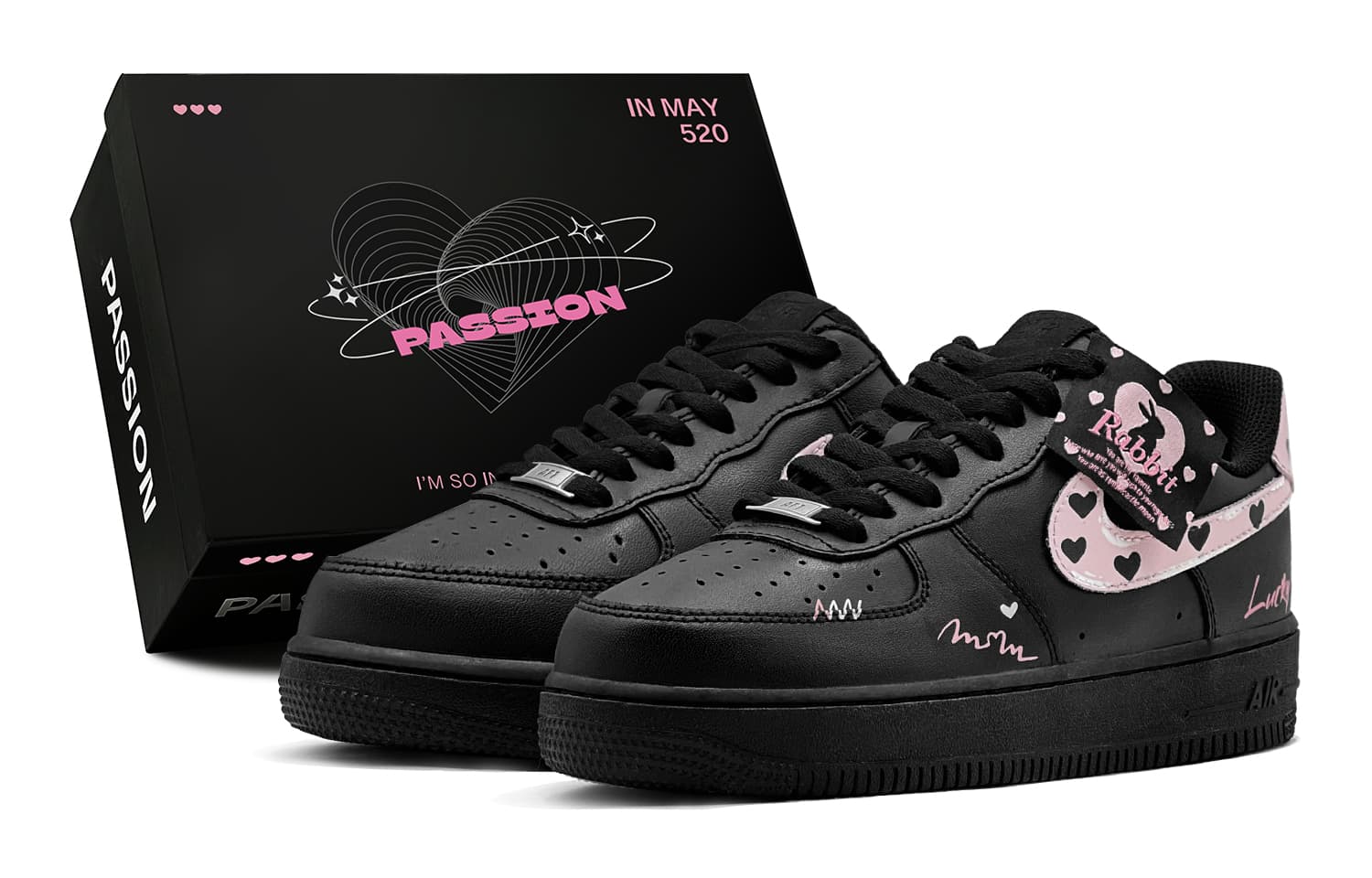 Custom Sneakers Nike Air Force 1 GS Black Warrior Couple Sweet Pink Heart Sweet Girly Comfort Versatile Fashion Personality Special Gift Box Low-Top Sneakers Women's Black Pink