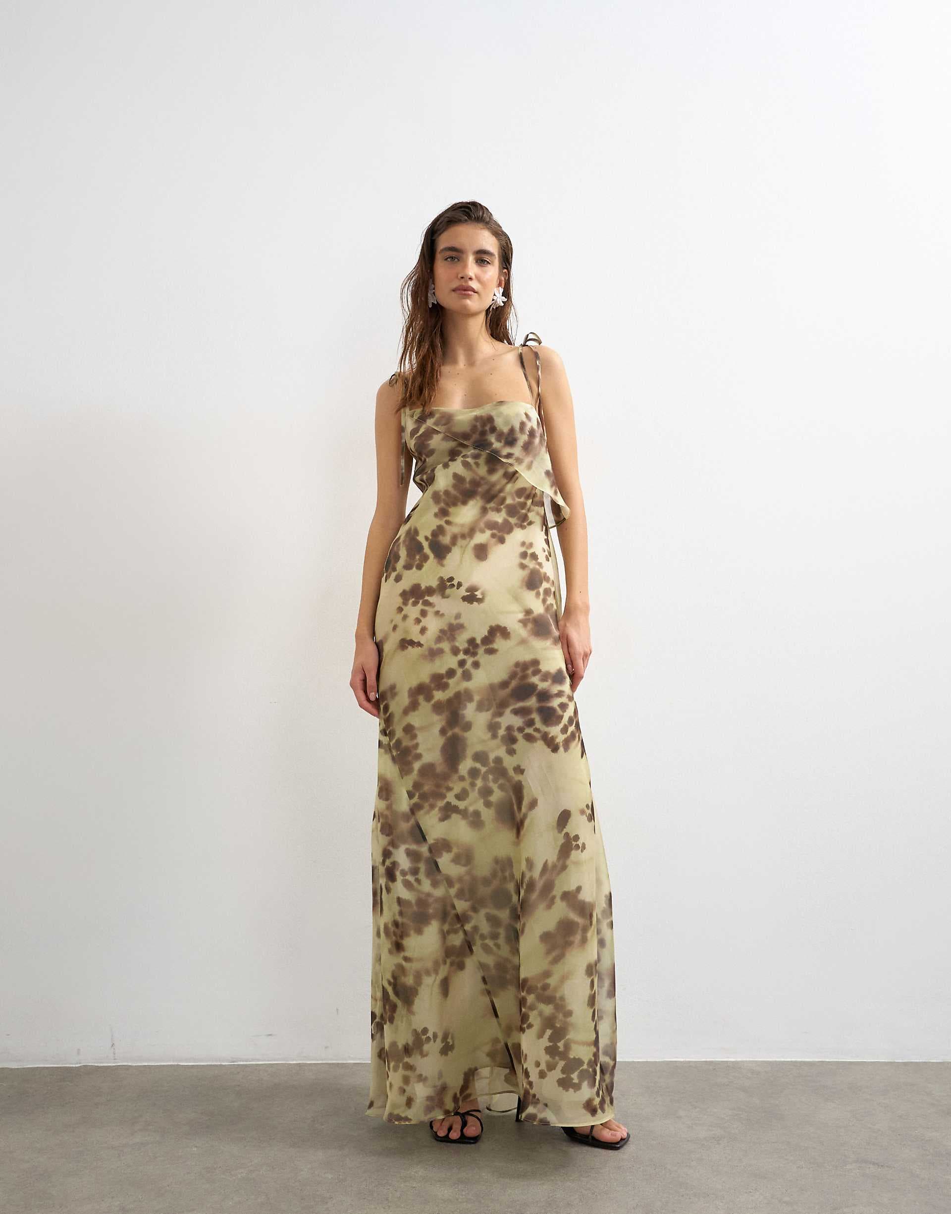Topshop folded bust organza maxi dress in blurred abstract print