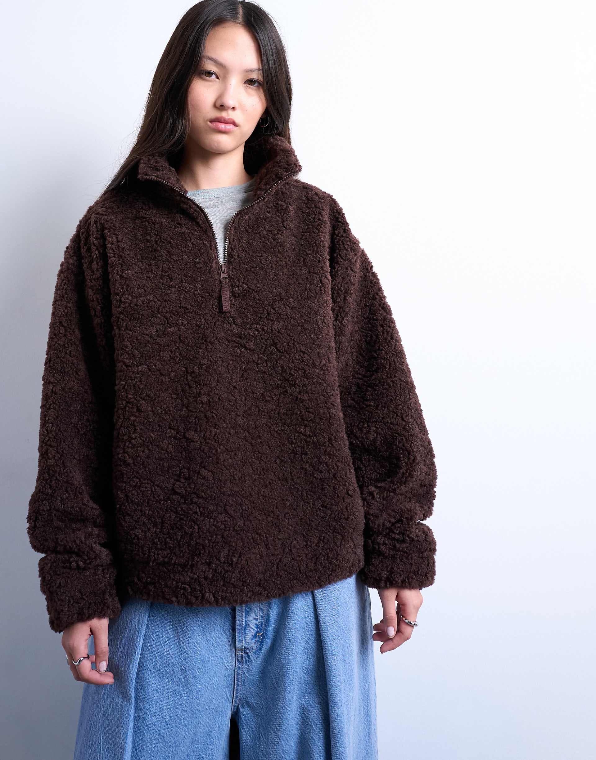 Topshop borg quarter zip top in dark brown
