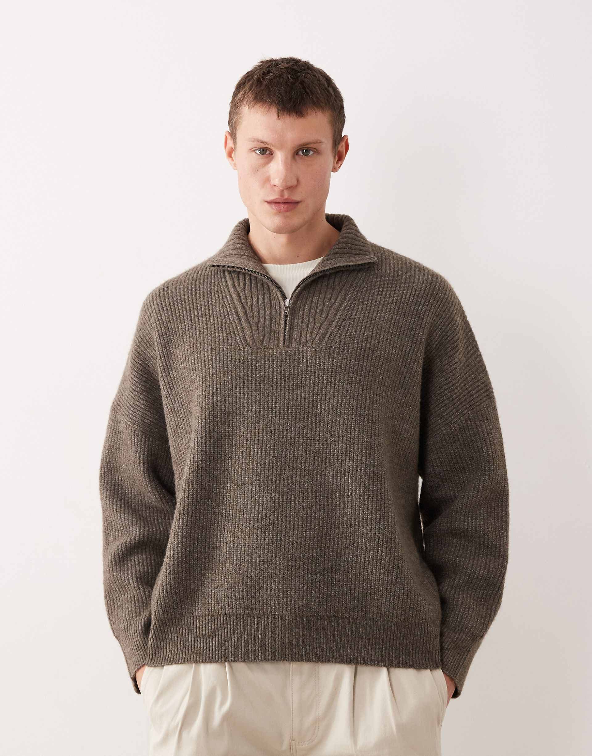 ASOS DESIGN super oversized boxy fit knit rib funnel neck sweater in brown heather