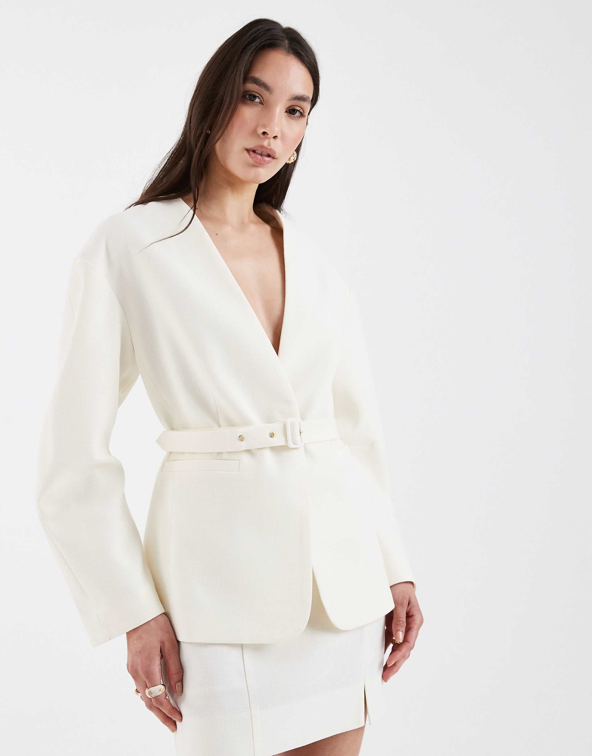 ASOS DESIGN tailored nipped waist belted blazer in textured buttermilk