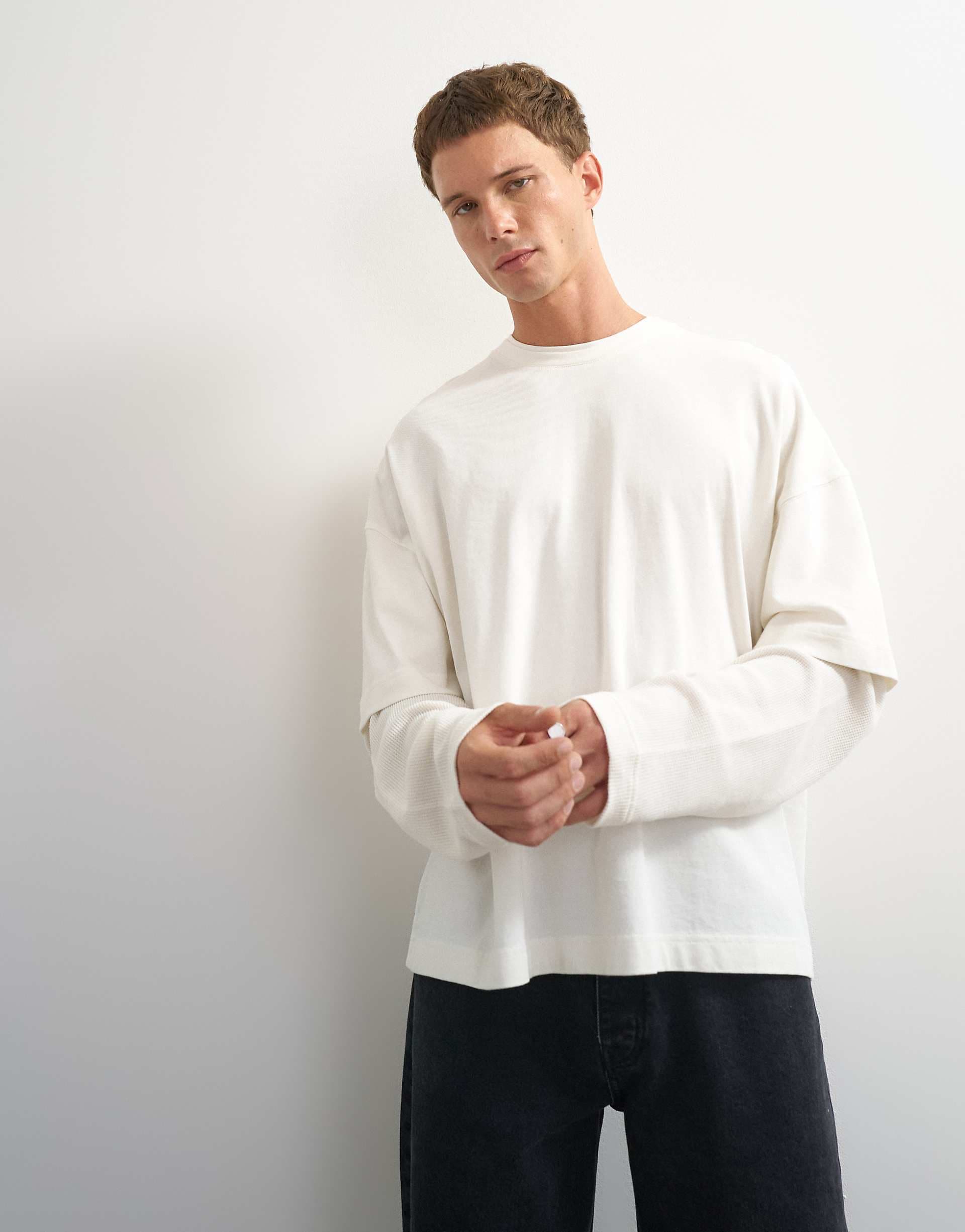 Topman relaxed fit layered T-shirt with waffle sleeve in ecru