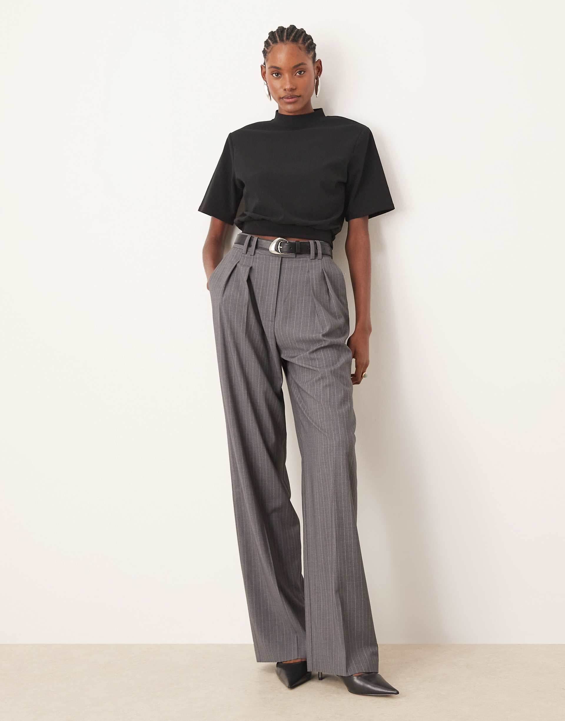 ASOS DESIGN Tall tailored wide leg pants with pleat detail in gray stripe