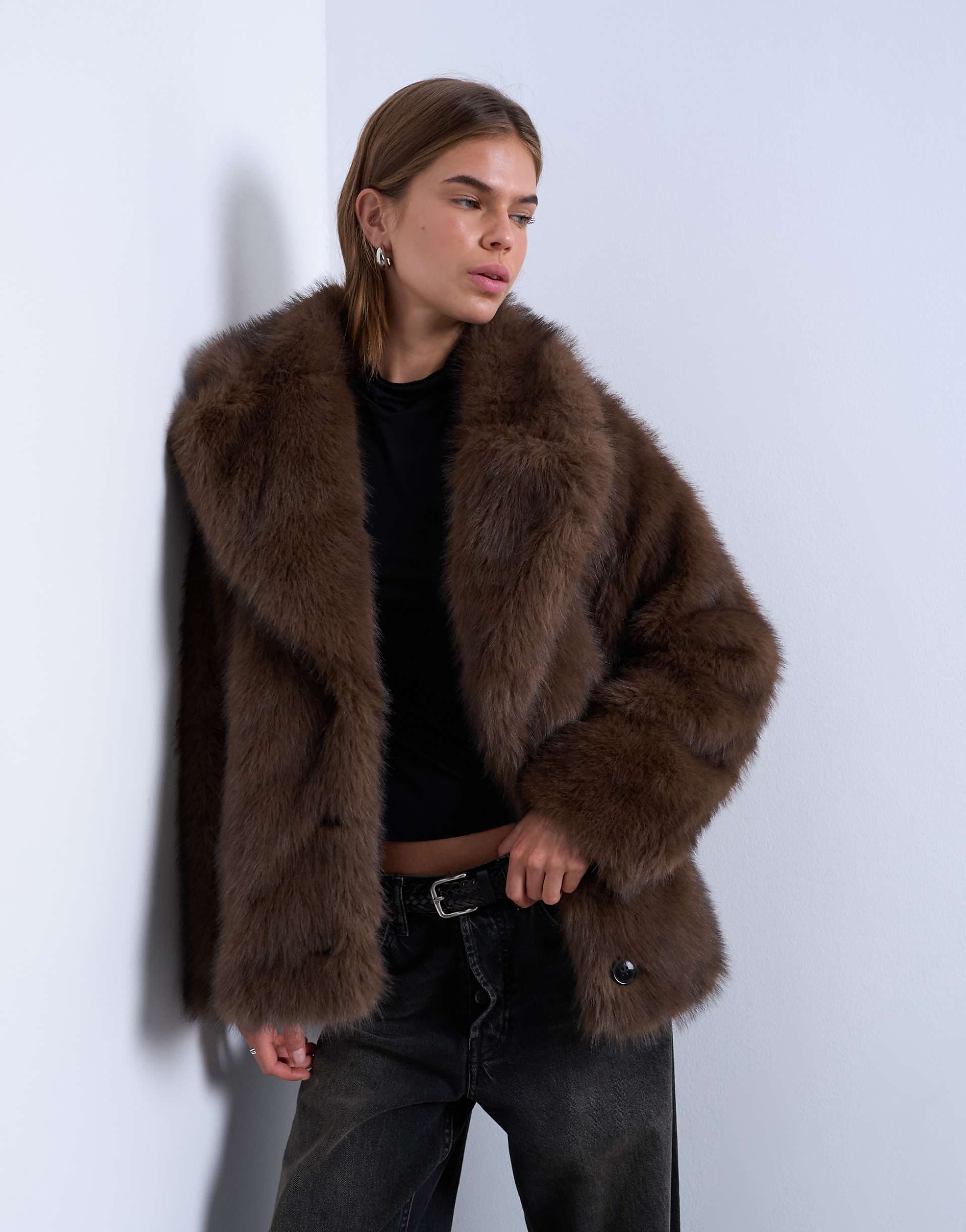 Topshop faux fur short jacket with buttons in chocolate