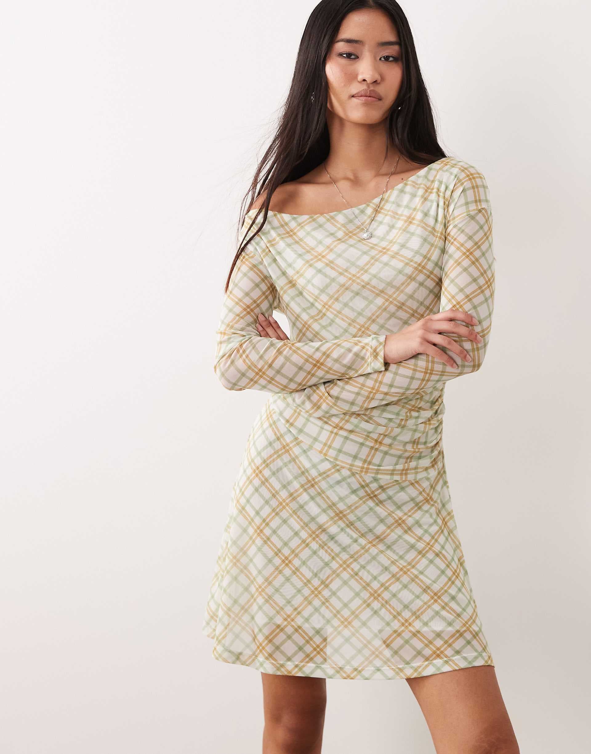 ASOS DESIGN long sleeve fallen shoulder mini dress in plaid print