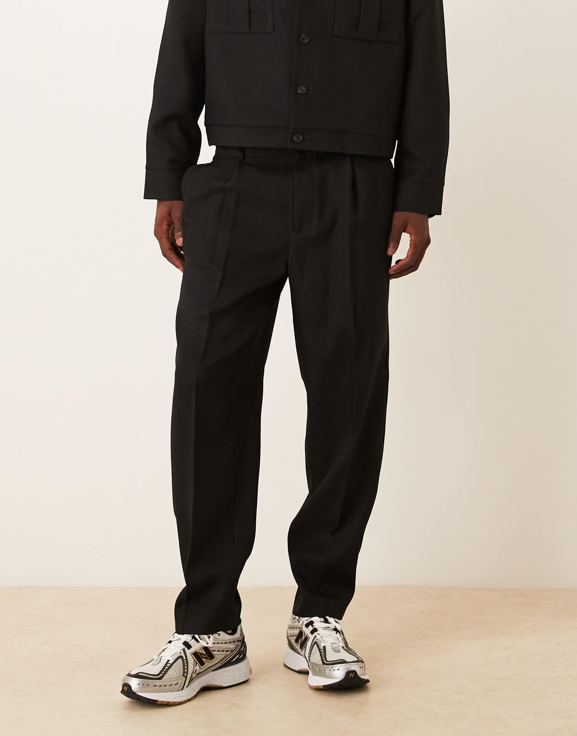ASOS DESIGN oversized tapered tailored pants with quarter elasticized waist in black - part of a set
