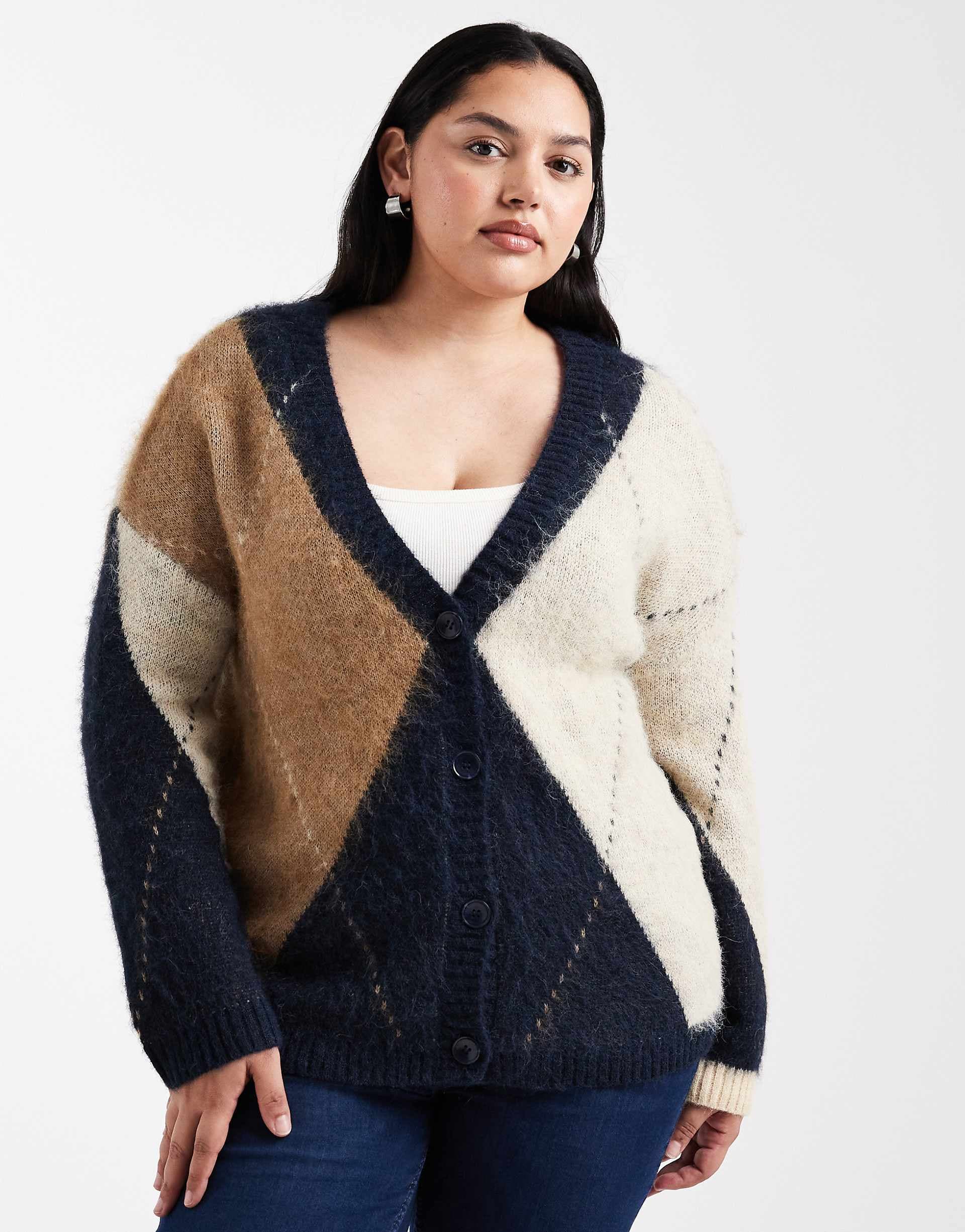 ONLY Curve oversized fluffy cardigan in navy argyle