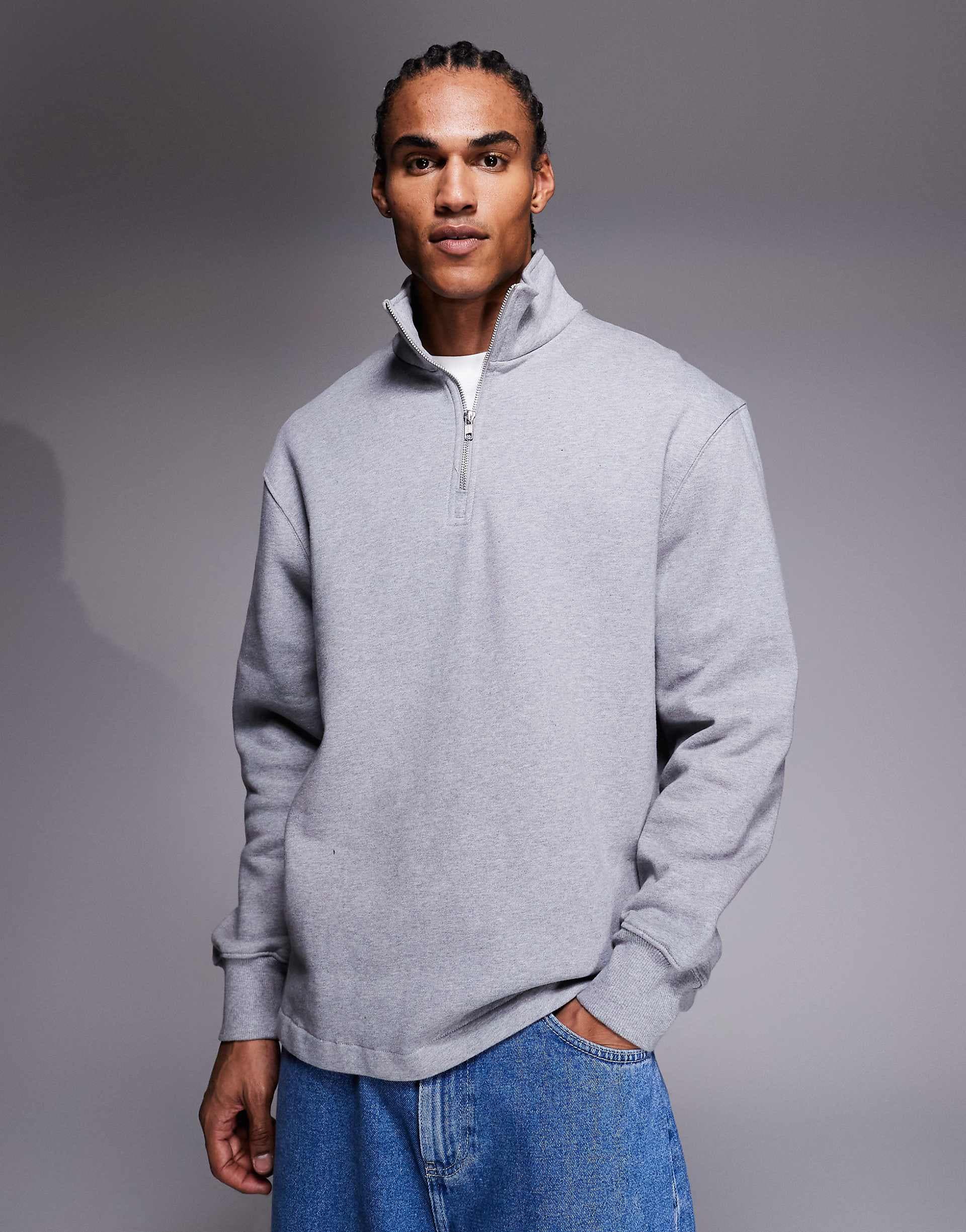 ASOS DESIGN oversized heavyweight quarter zip sweatshirt with fixed hem in gray heather