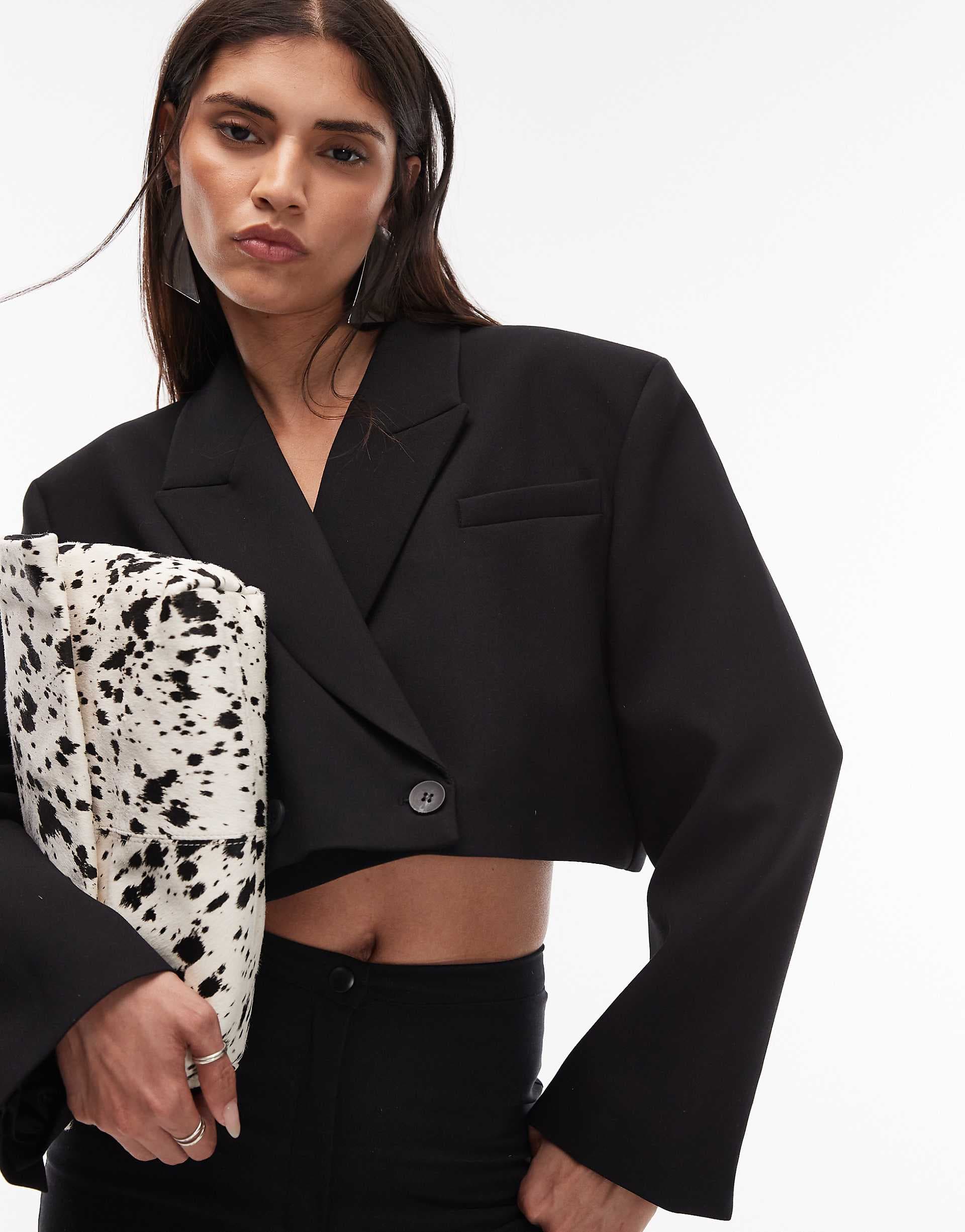 ASOS DESIGN double breasted cropped boxy blazer with shoulder pads in black