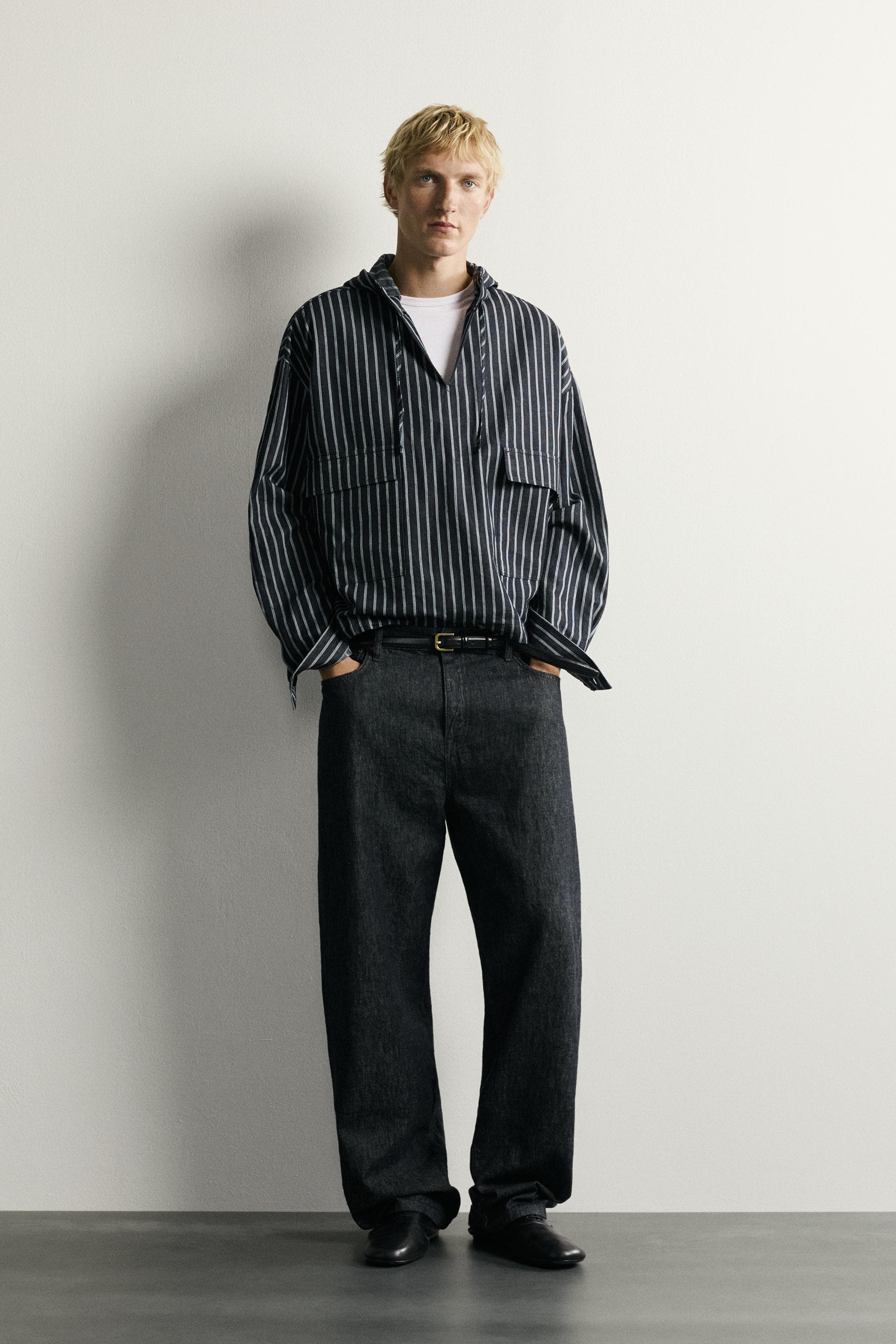 STRIPED COTTON-LINEN HOODED OVERSHIRT