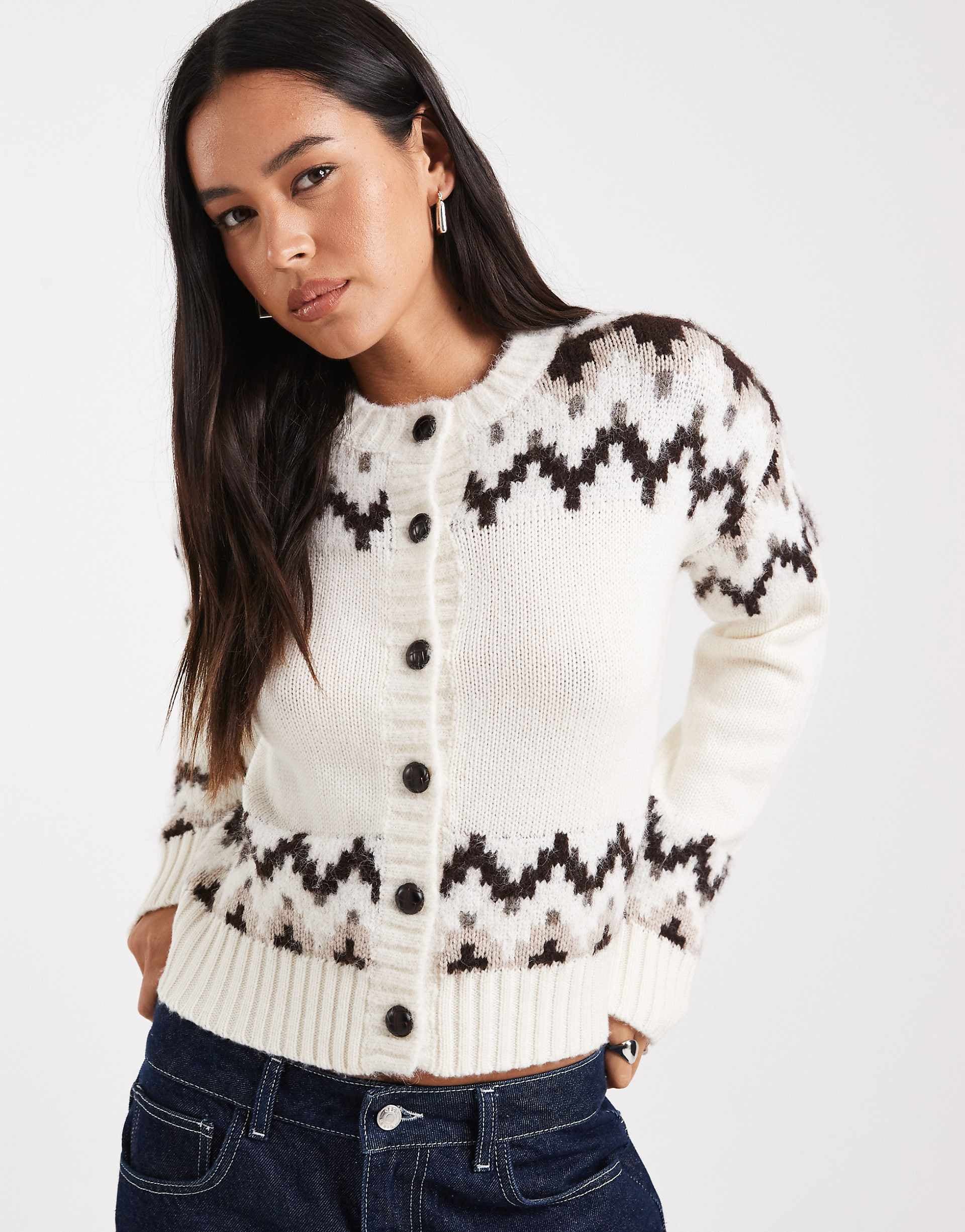 4th & Reckless contains wool fairisle button up cardigan in cream