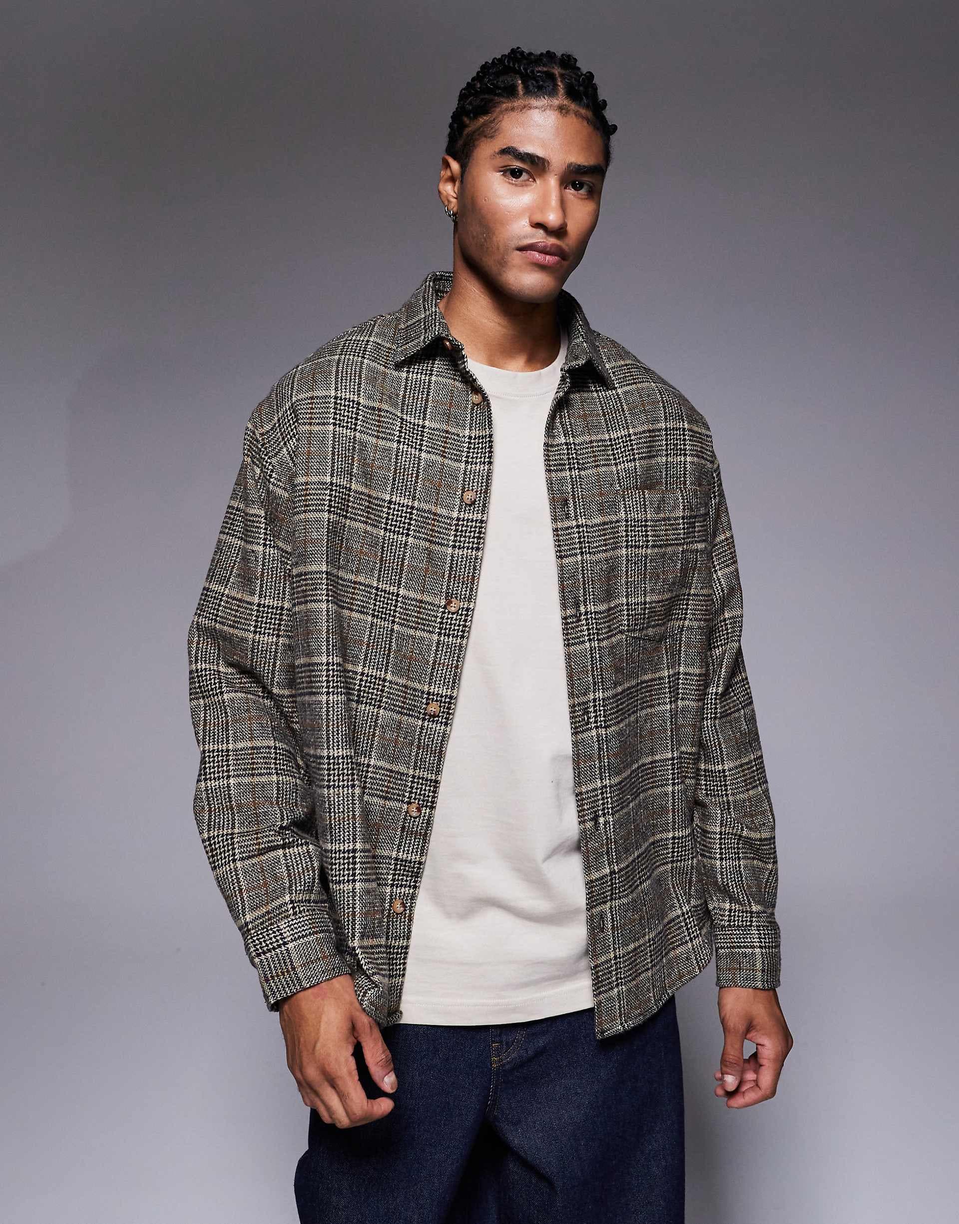 ASOS DESIGN regular flannel plaid shirt in brown