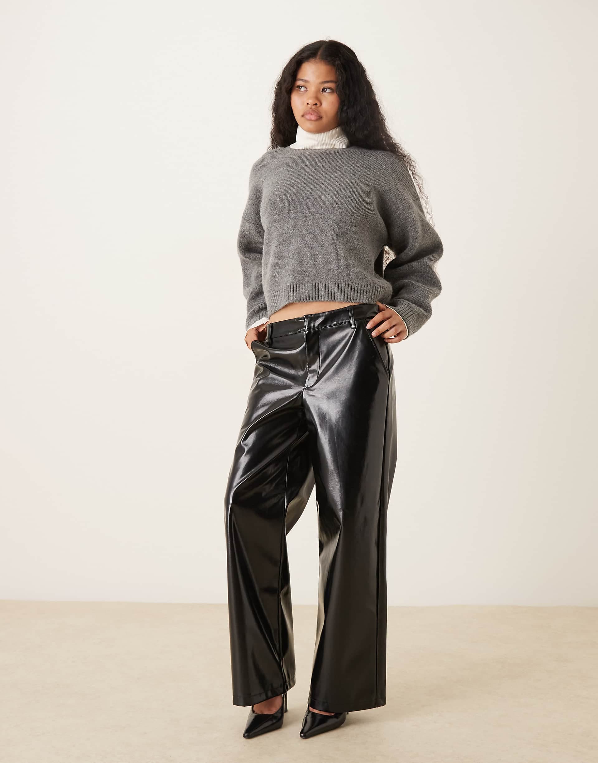 Gina Tricot Petite coated PU straight leg pants in black