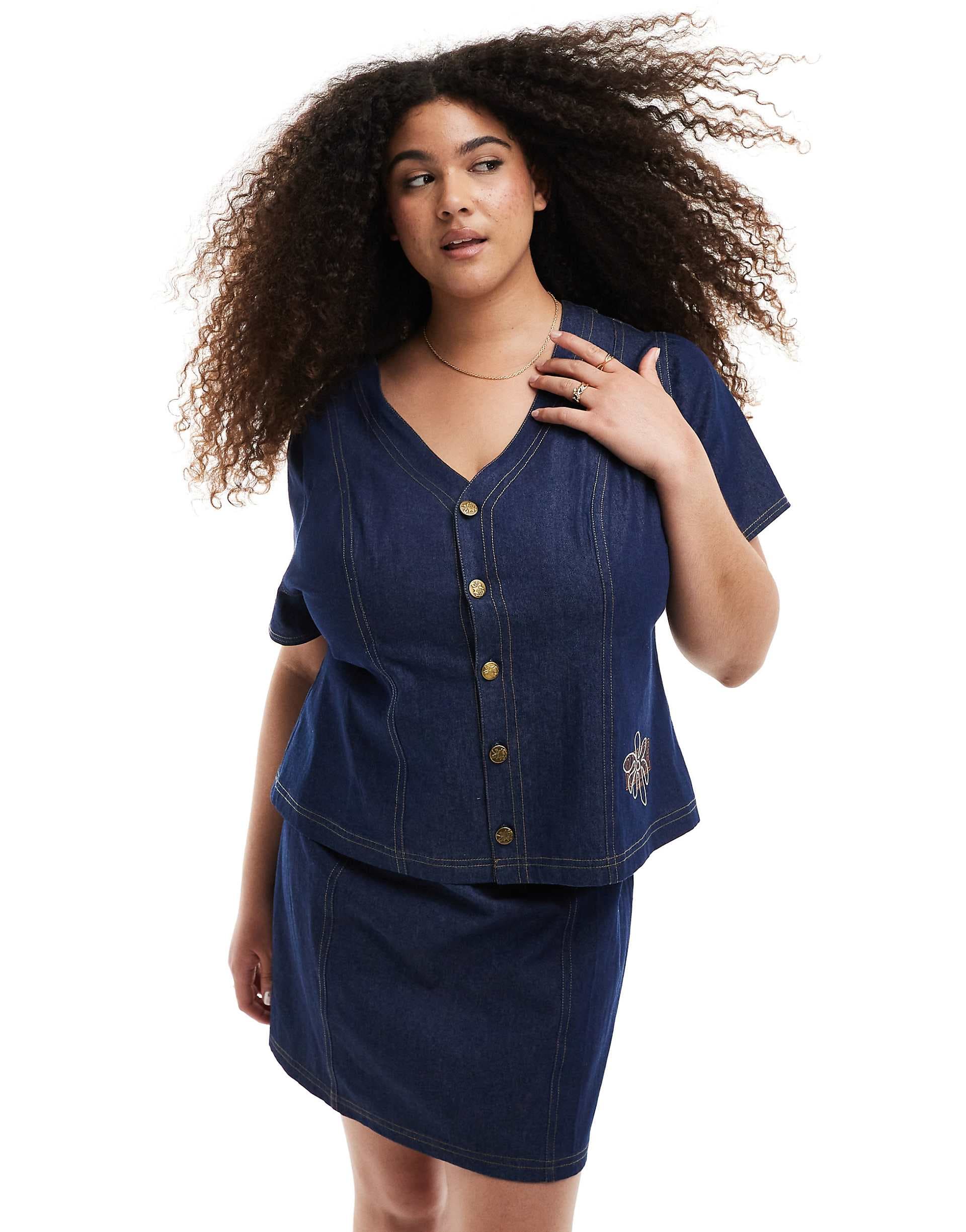 Renee Studio Plus exclusive denim button front short sleeve top in dark wash blue - part of a set