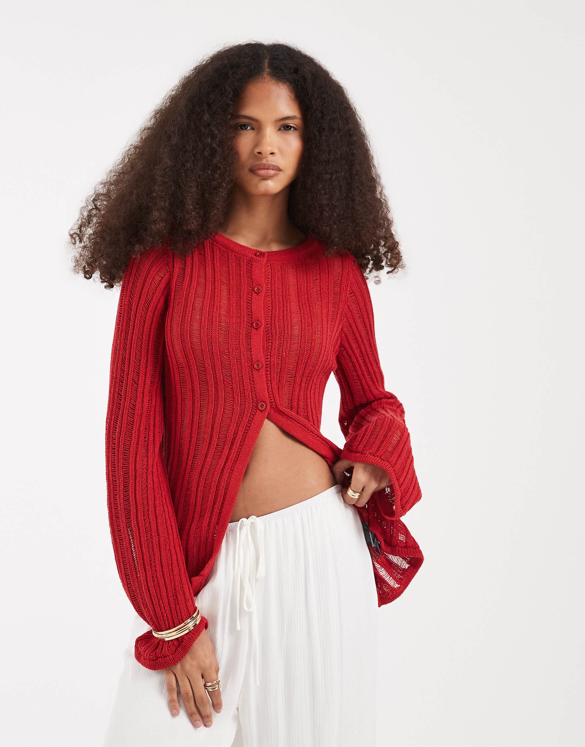 ASOS DESIGN ladder stitch knit cardigan in red