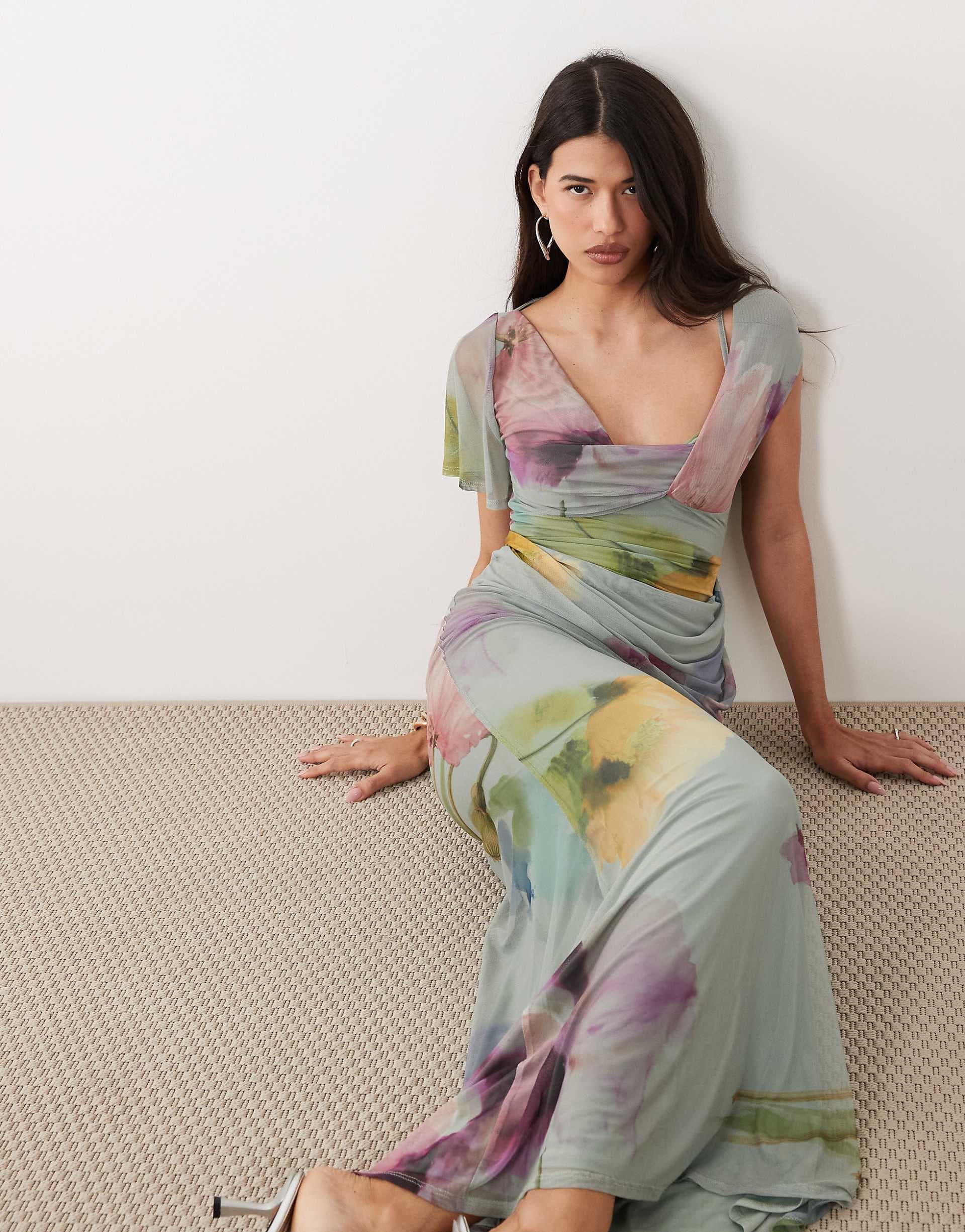 ASOS DESIGN draped mesh asymmetric sleeve maxi dress in blue floral