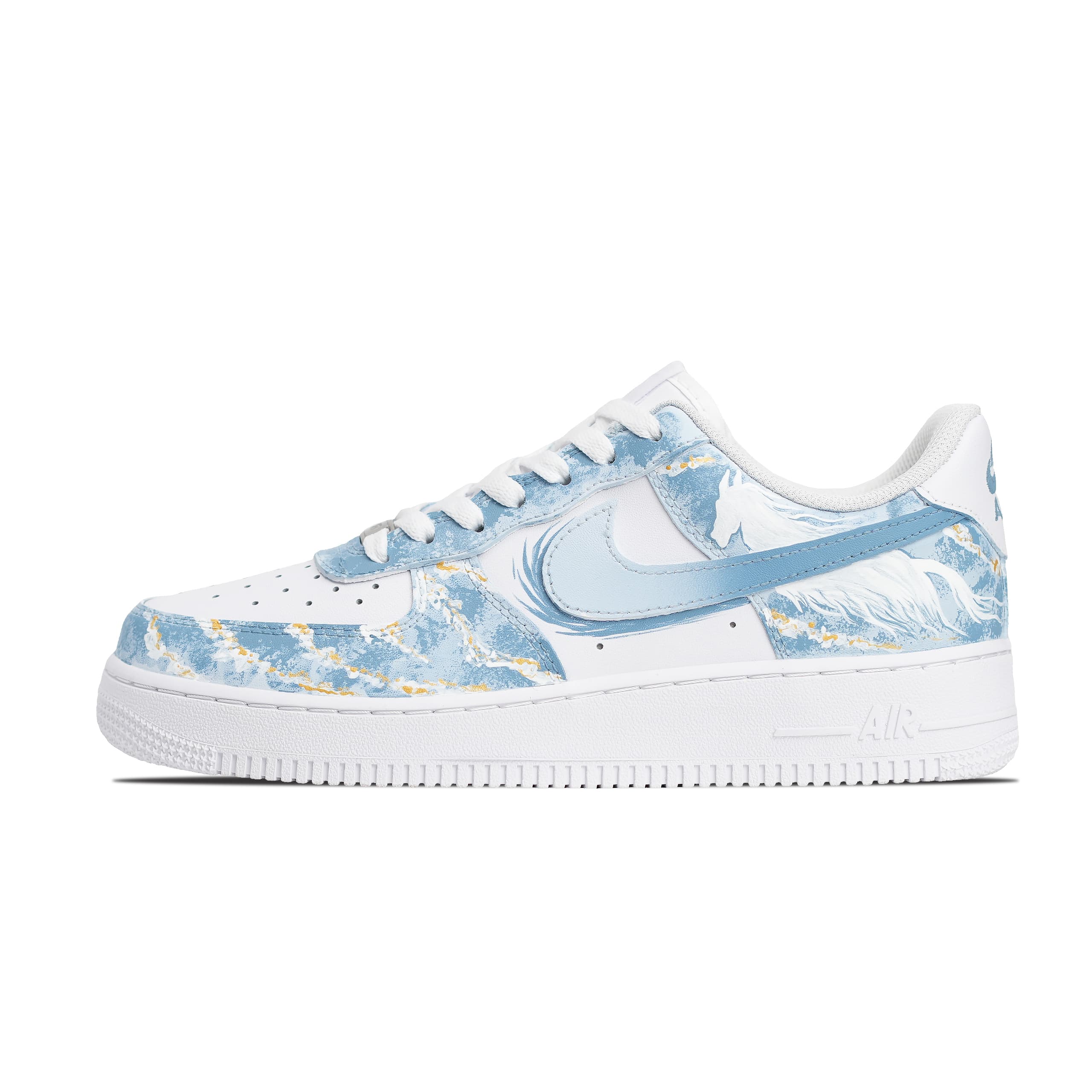 Custom SneakersNike Air Force 1 'White Horse Chasing Waves' Year of the Horse Limited Edition Hand-Painted Custom Fashion Minimalist Versatile Wear-Resistant Anti-Slip Low-Top Sneakers Unisex Blue White