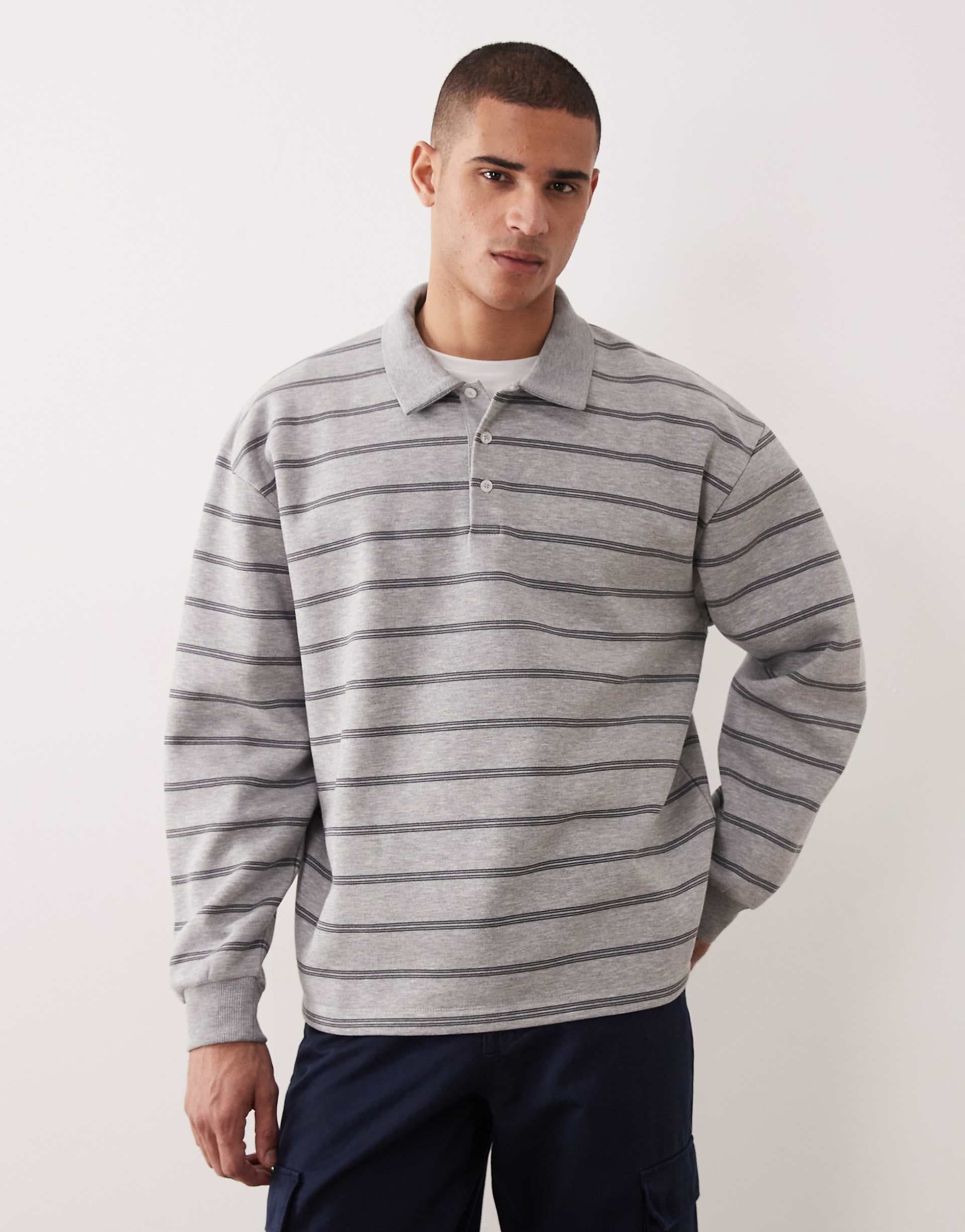 ASOS DESIGN oversized polo sweatshirt in heather gray stripes