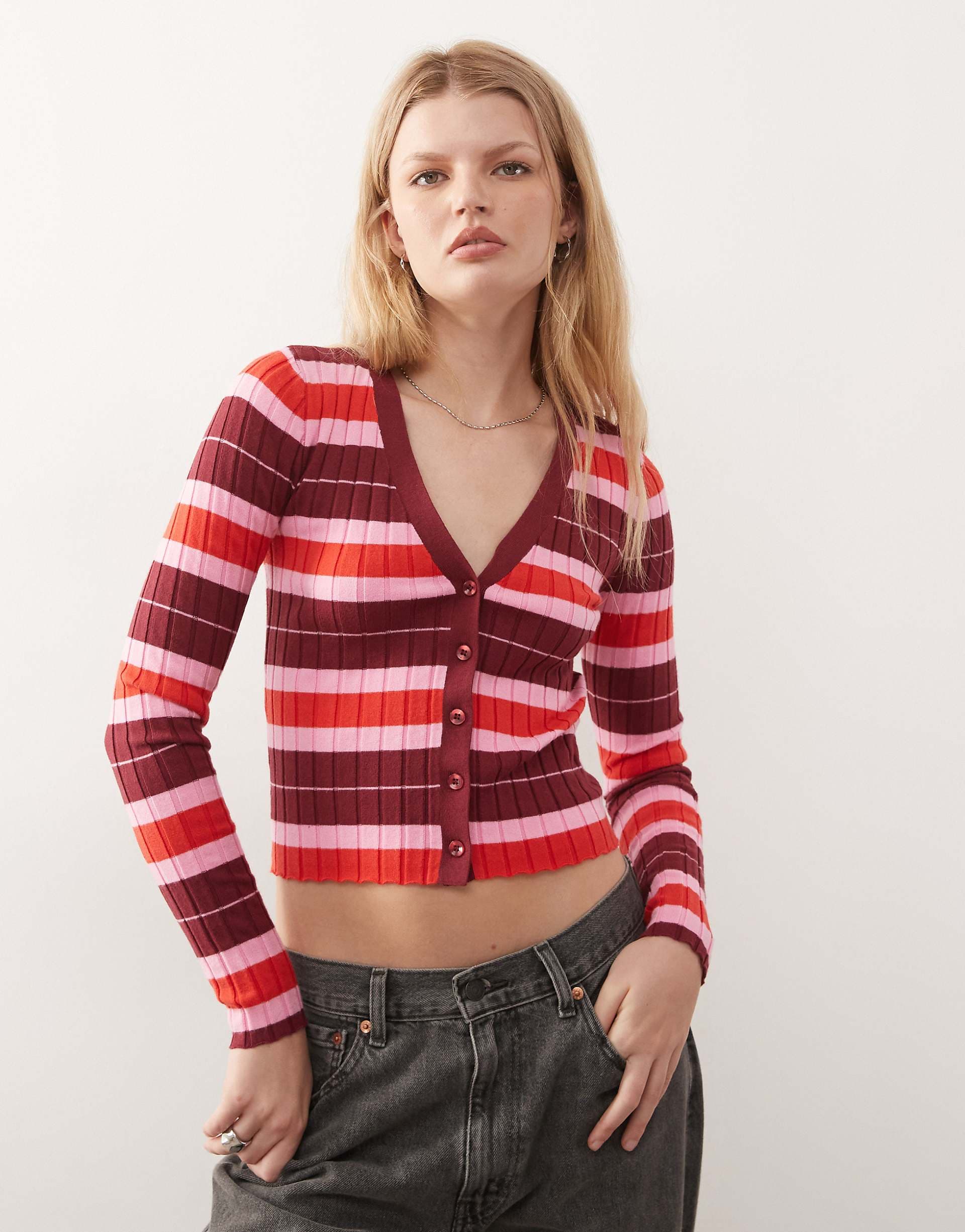 Noisy May rib knit cardigan in pink & red stripes