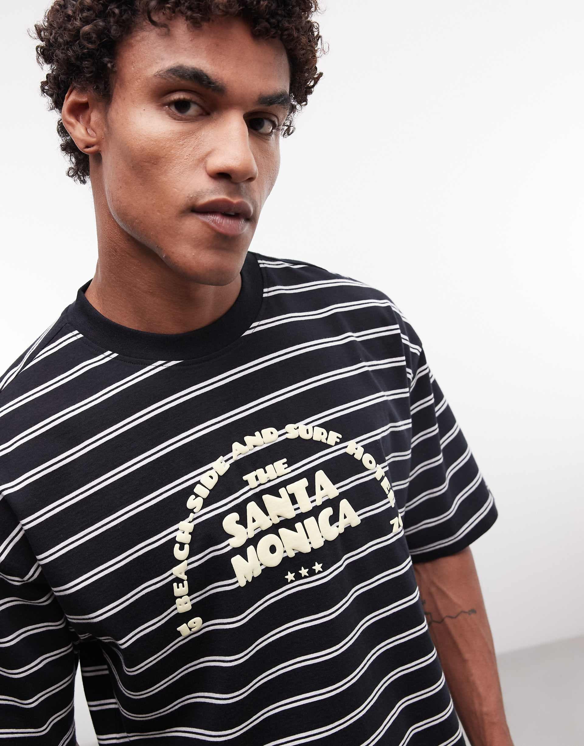 ASOS DESIGN boxy oversized T-shirt with puff print text in black stripe