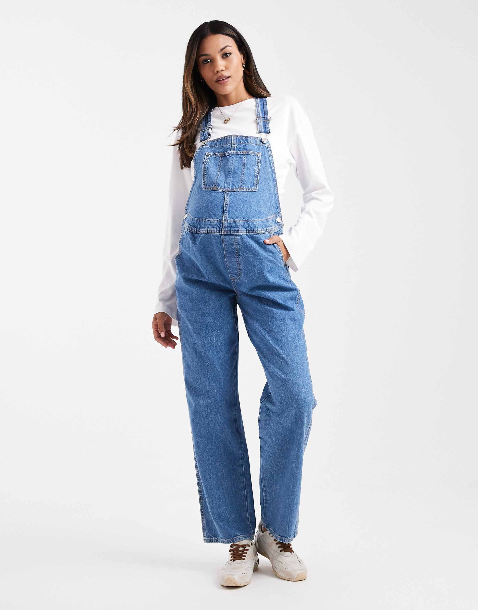 ASOS DESIGN Maternity denim overalls in mid blue