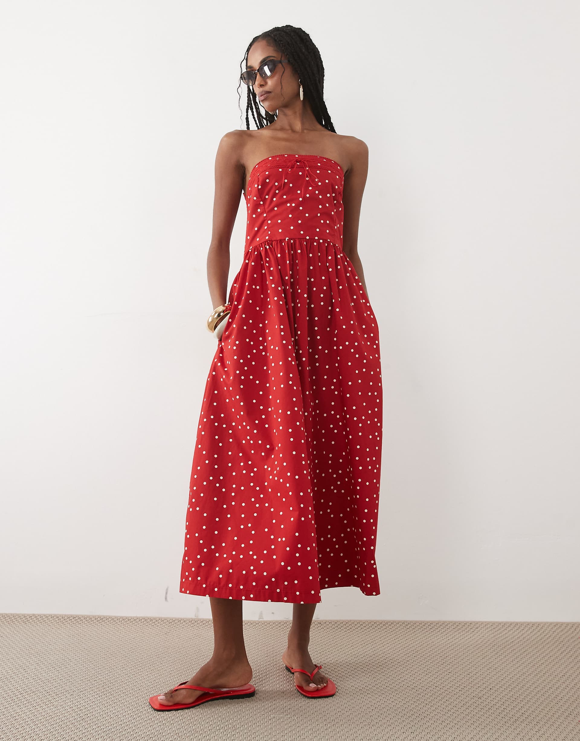 Abercrombie & Fitch strapless midi dress in red polka dot print