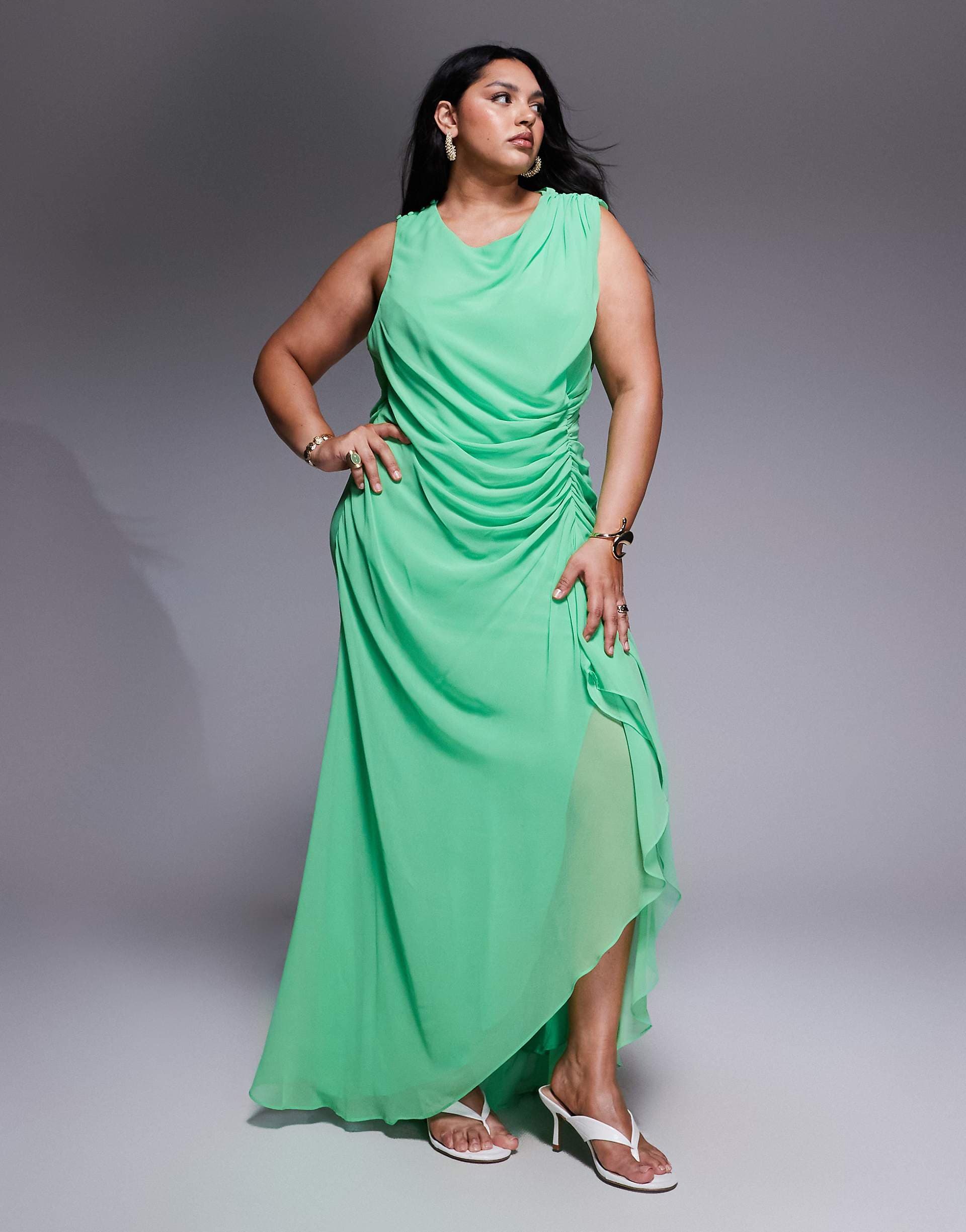 ASOS DESIGN Curve gathered waist ruffle maxi dress with open back in apple green