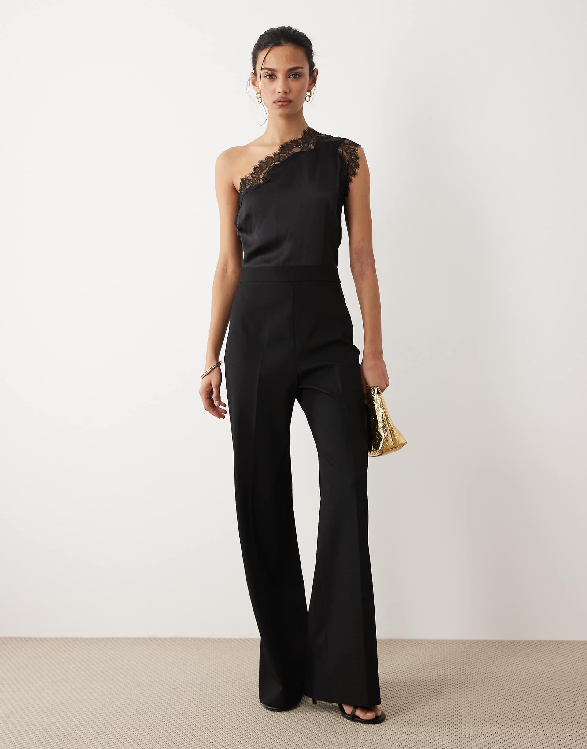 Mango one shoulder jumpsuit with lace detail in black