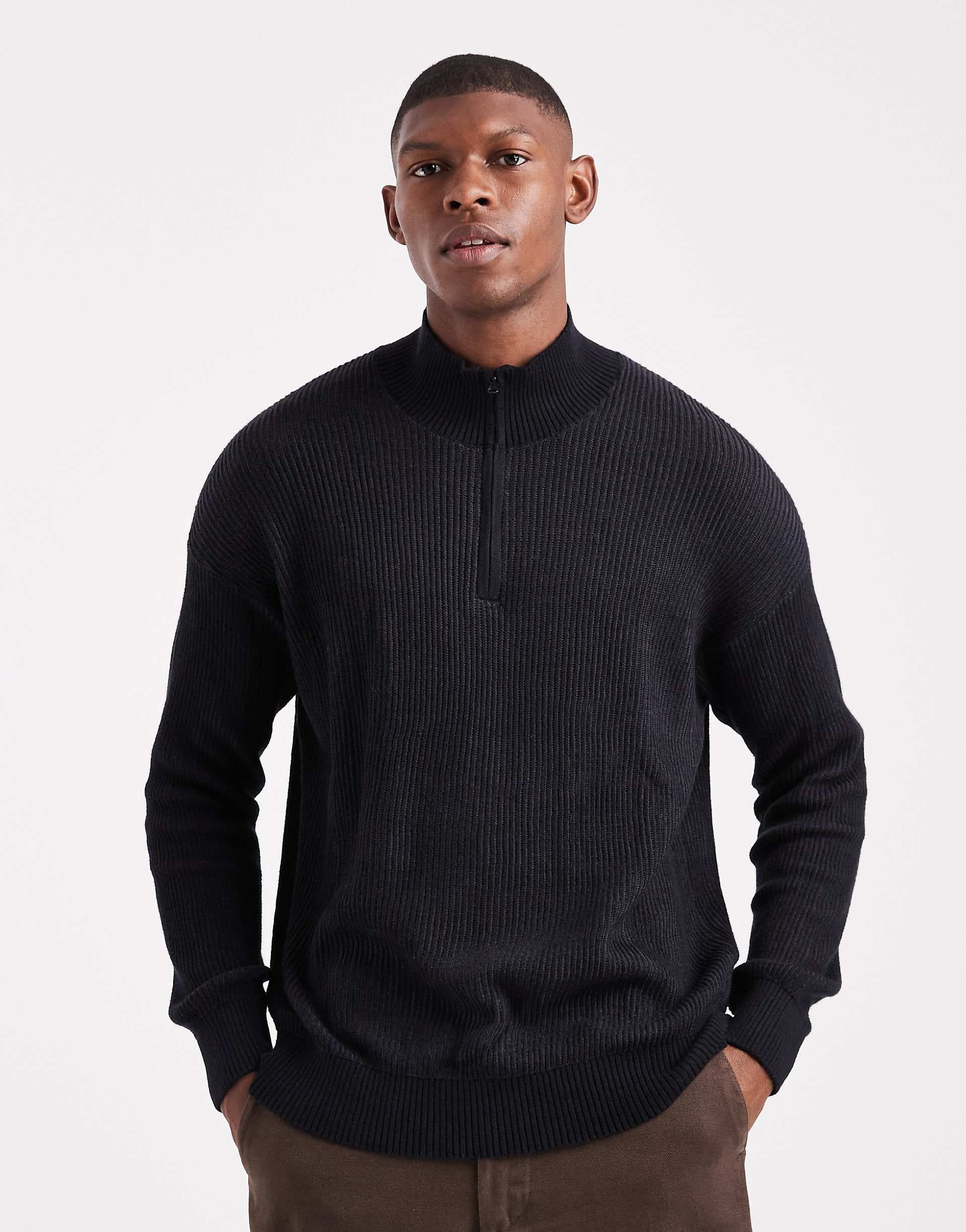 Hollister boxy ribbed quarter zip sweater in black
