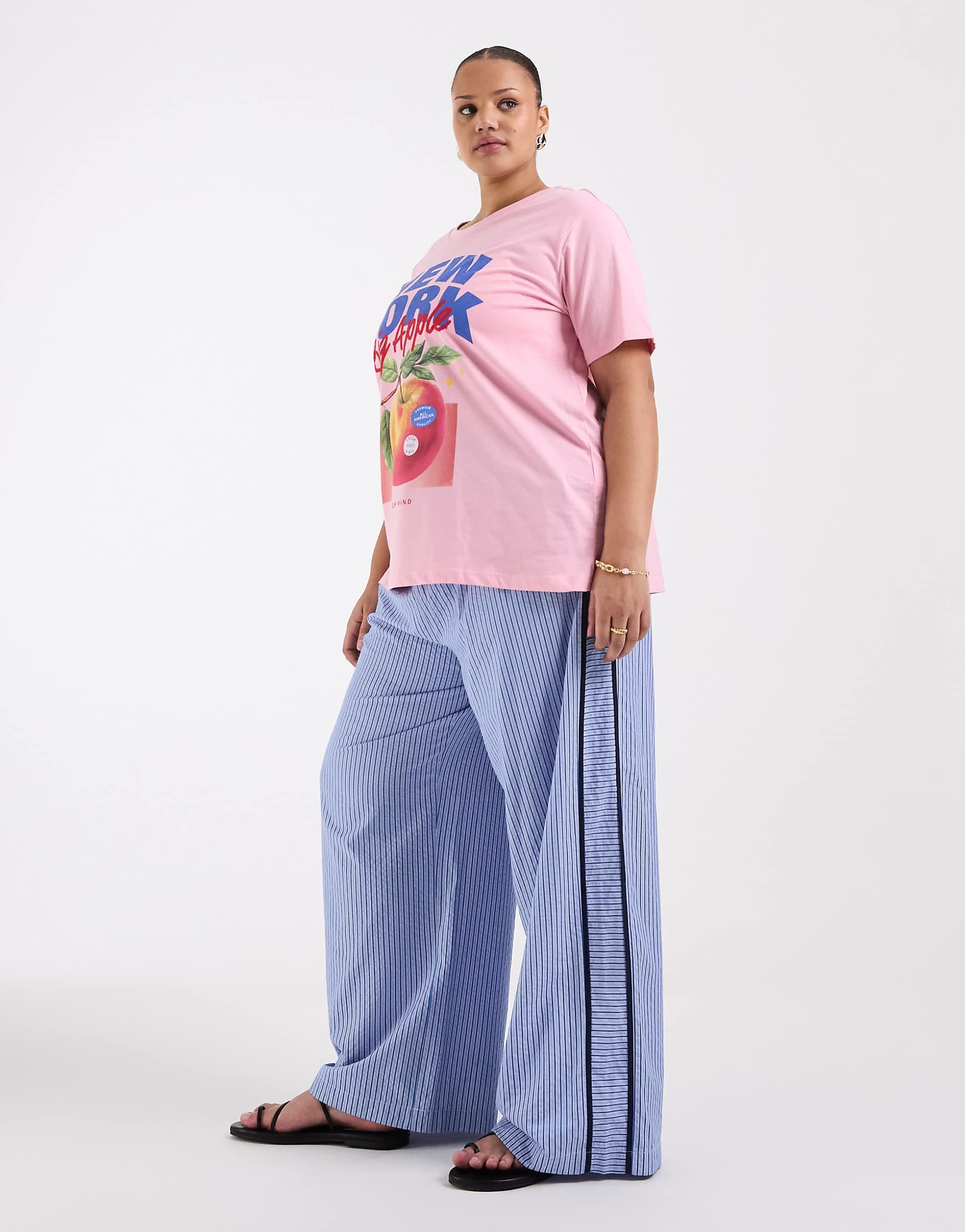ASOS DESIGN Curve crinkle tipped pull on pants with waist tie in blue stripes