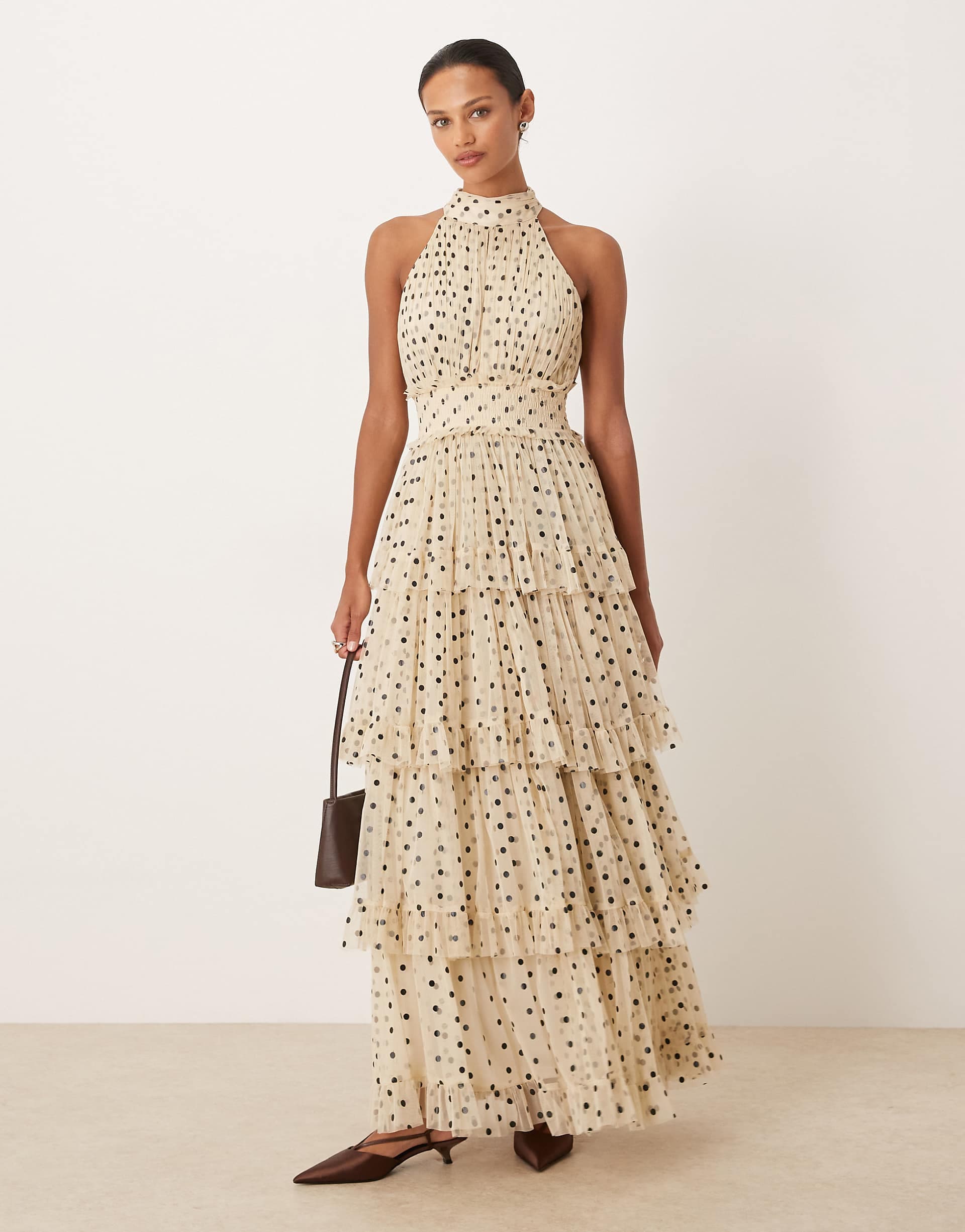 Lace & Beads tulle tiered high neck maxi dress in cream and black polka dots