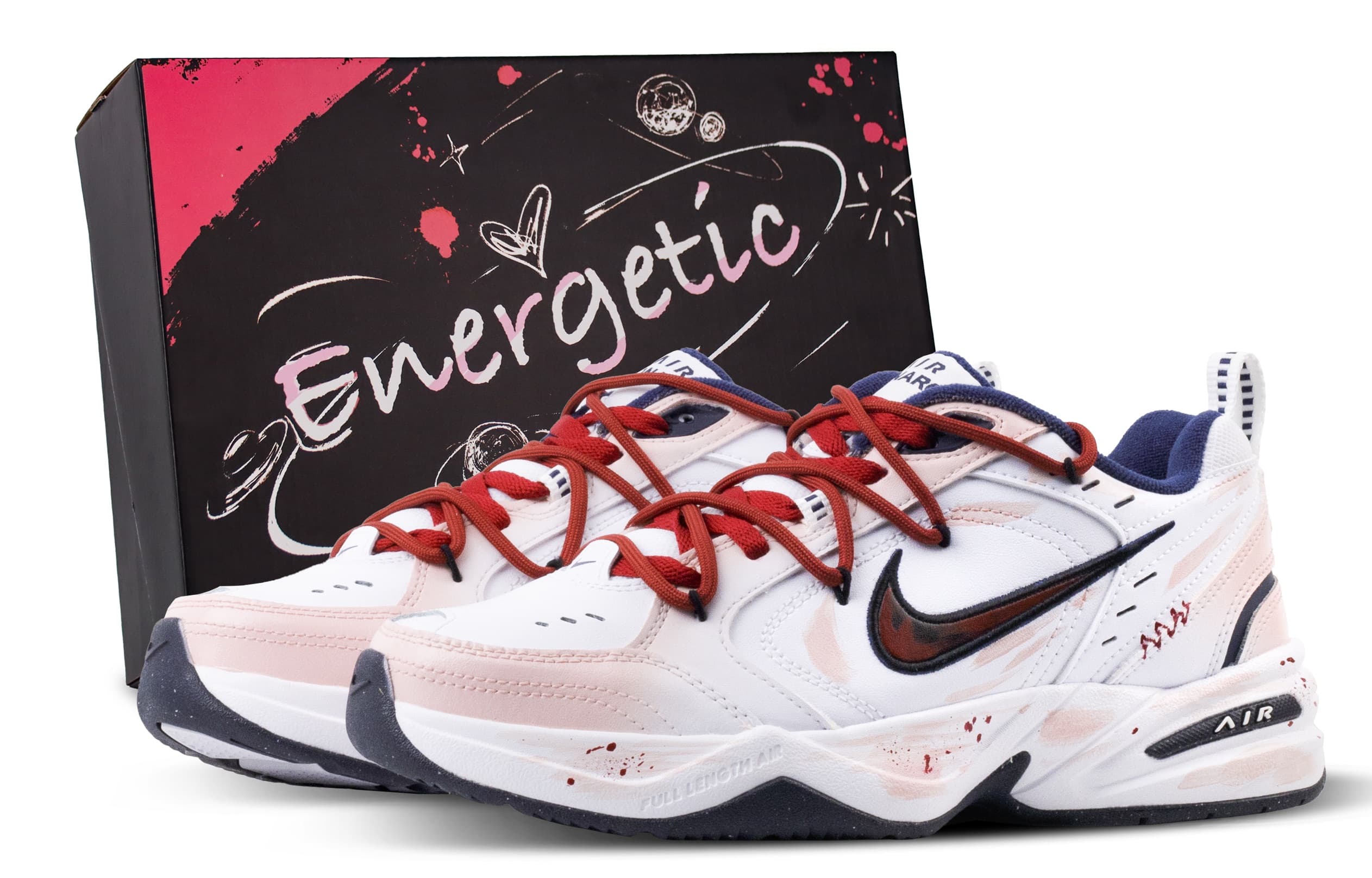 Custom Sneakers Nike Air Monarch 4 'Crimson Sunset' Gradient Distressed Splatter Dirty Dye Trend Retro Low-Top Dad Shoes Unisex White Pink