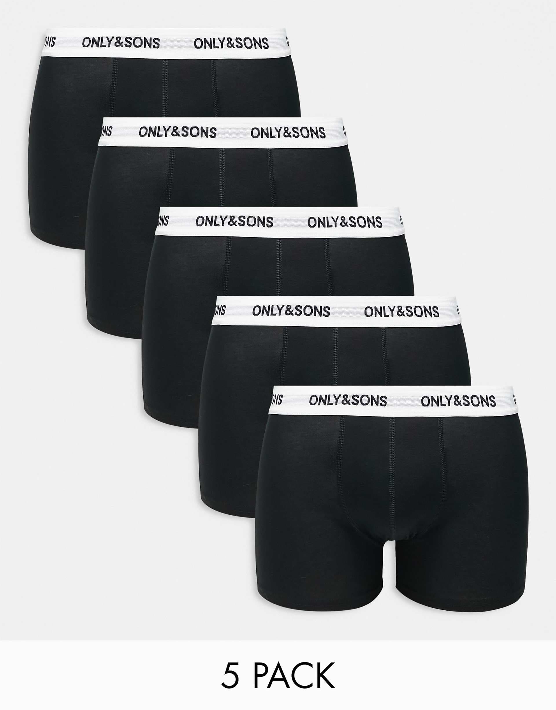 Only & Sons 5-pack trunks in black with white logo waistband