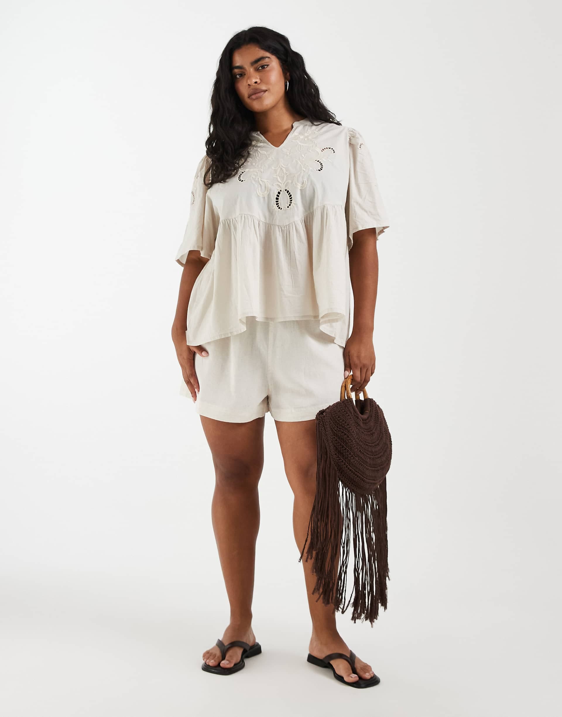 ONLY Curve embroidered v-neck blouse in stone