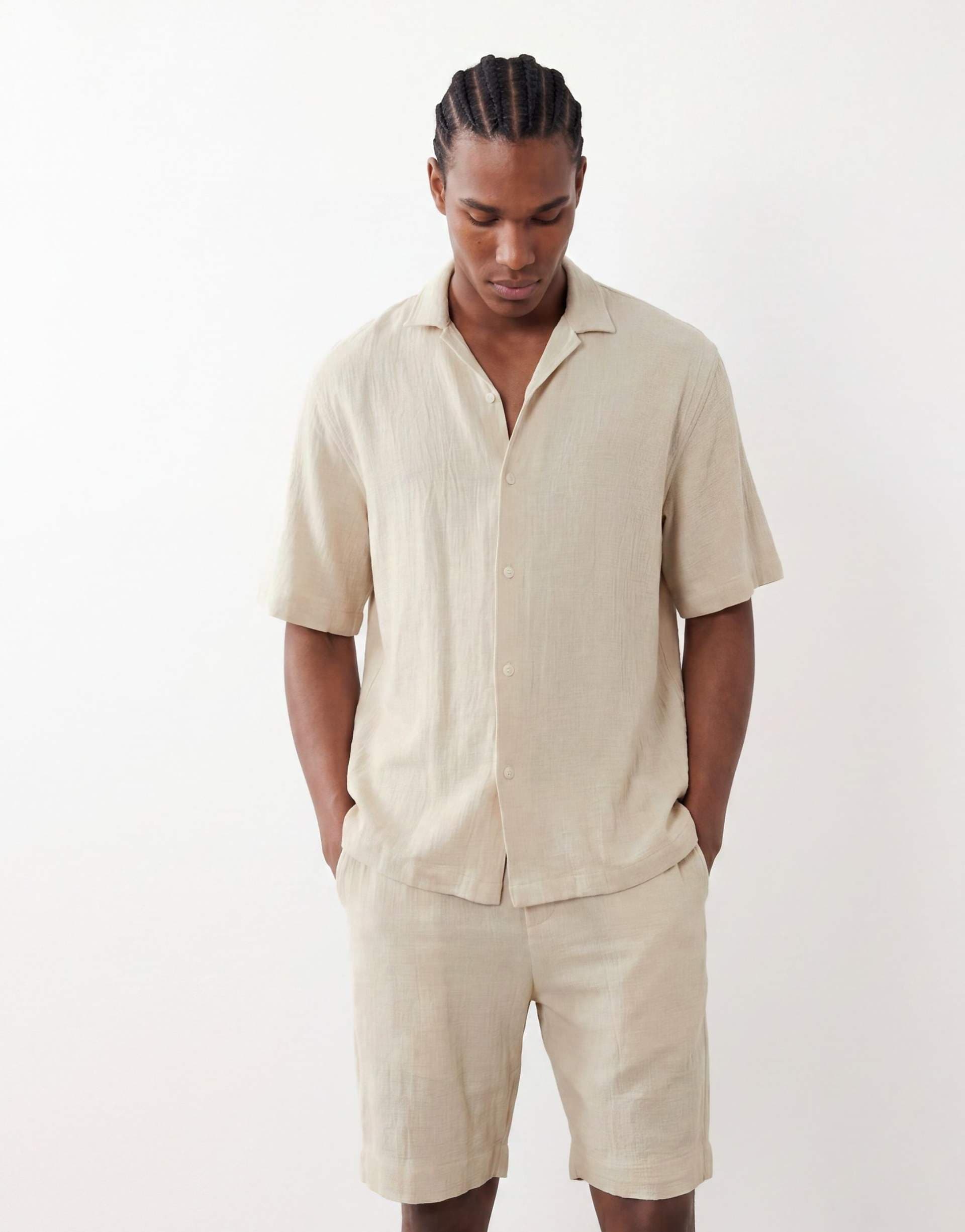 Selected textured shirt in beige - part of a set