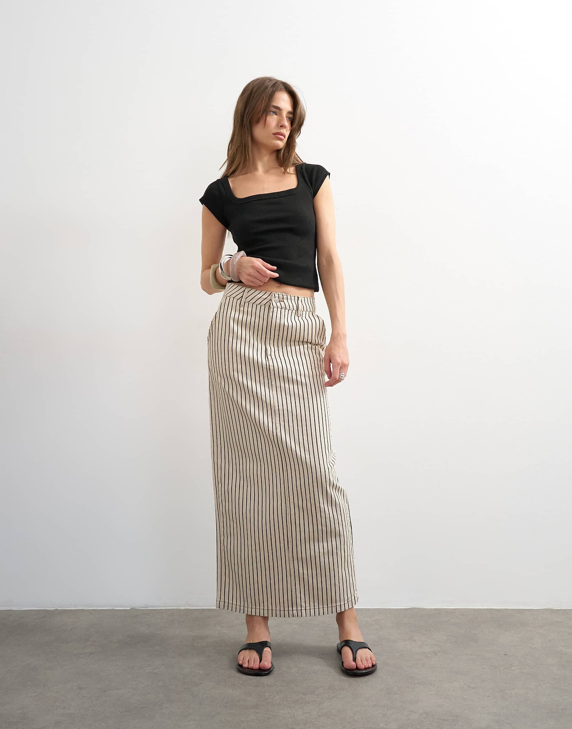 Topshop denim column maxi skirt in black and ecru stripes