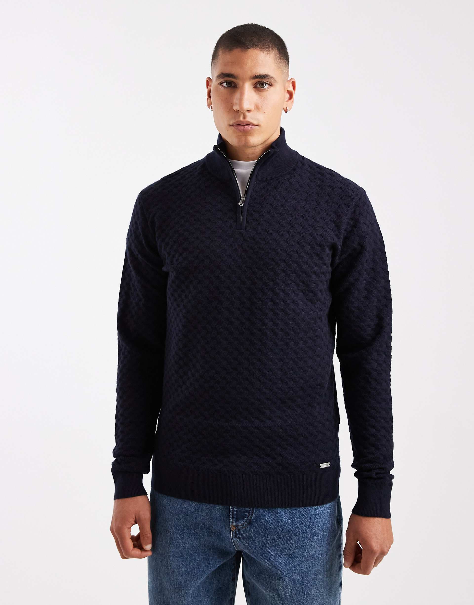 Threadbare textured quarter zip knit sweater in navy