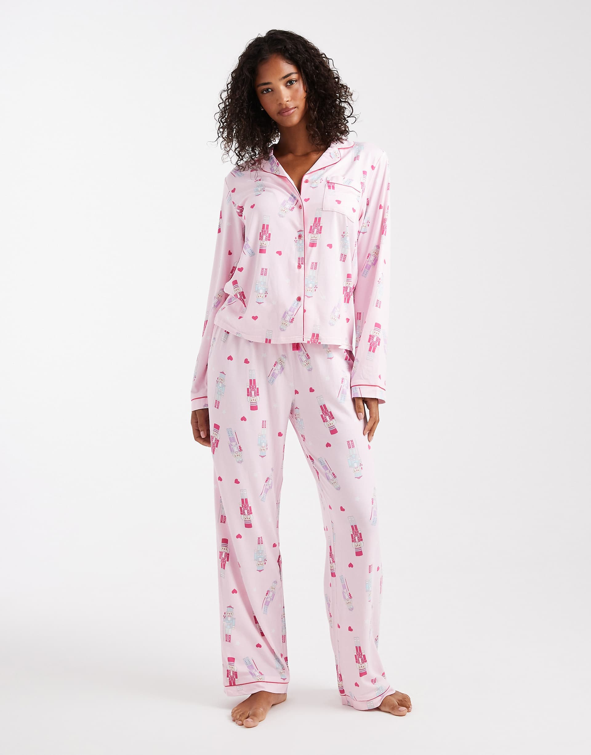 Loungeable Christmas super soft jersey camp collar top and wide leg pants pajama set in pink nutcracker print