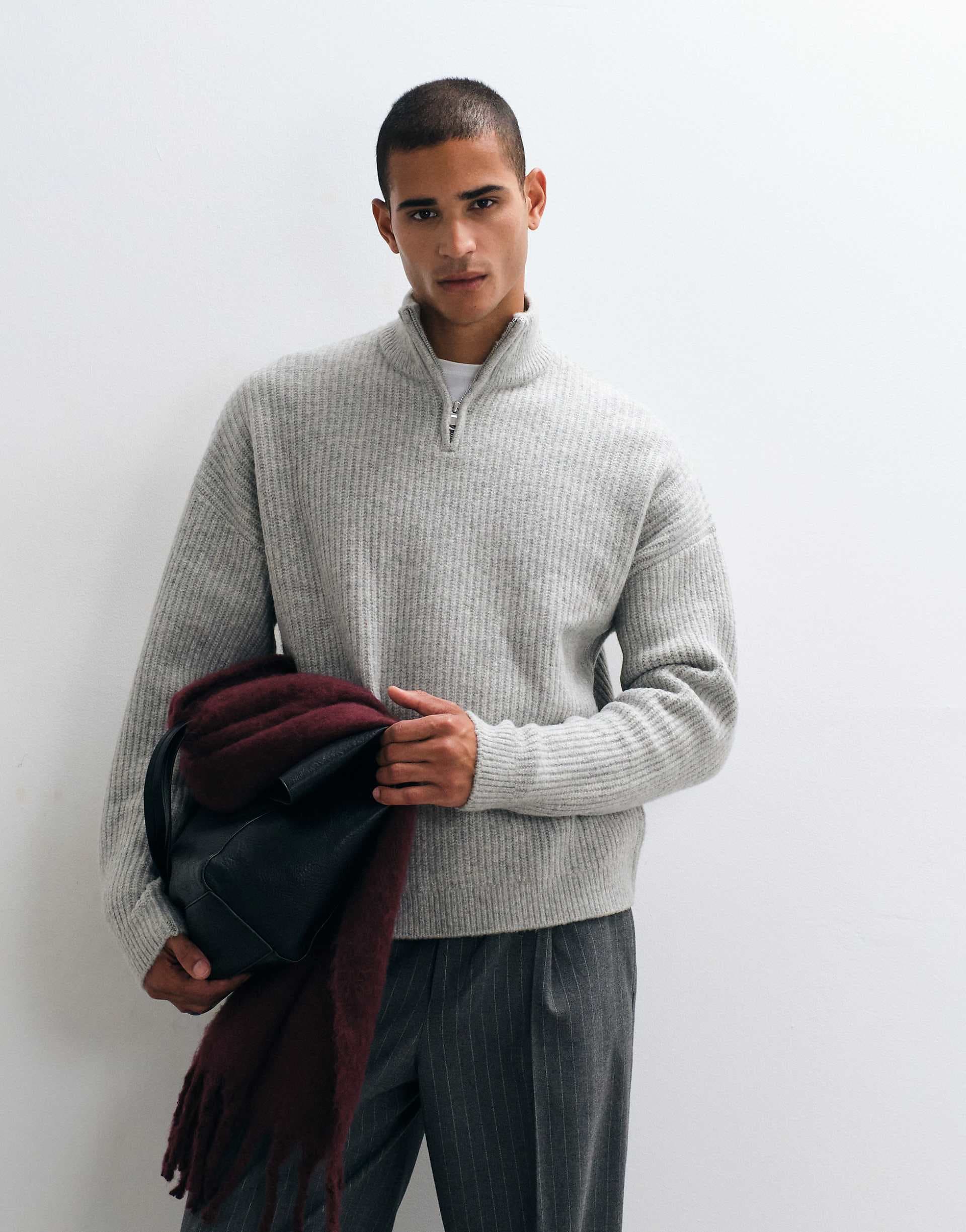 ASOS DESIGN super oversized knit wool blend half zip ribbed sweater in gray heather