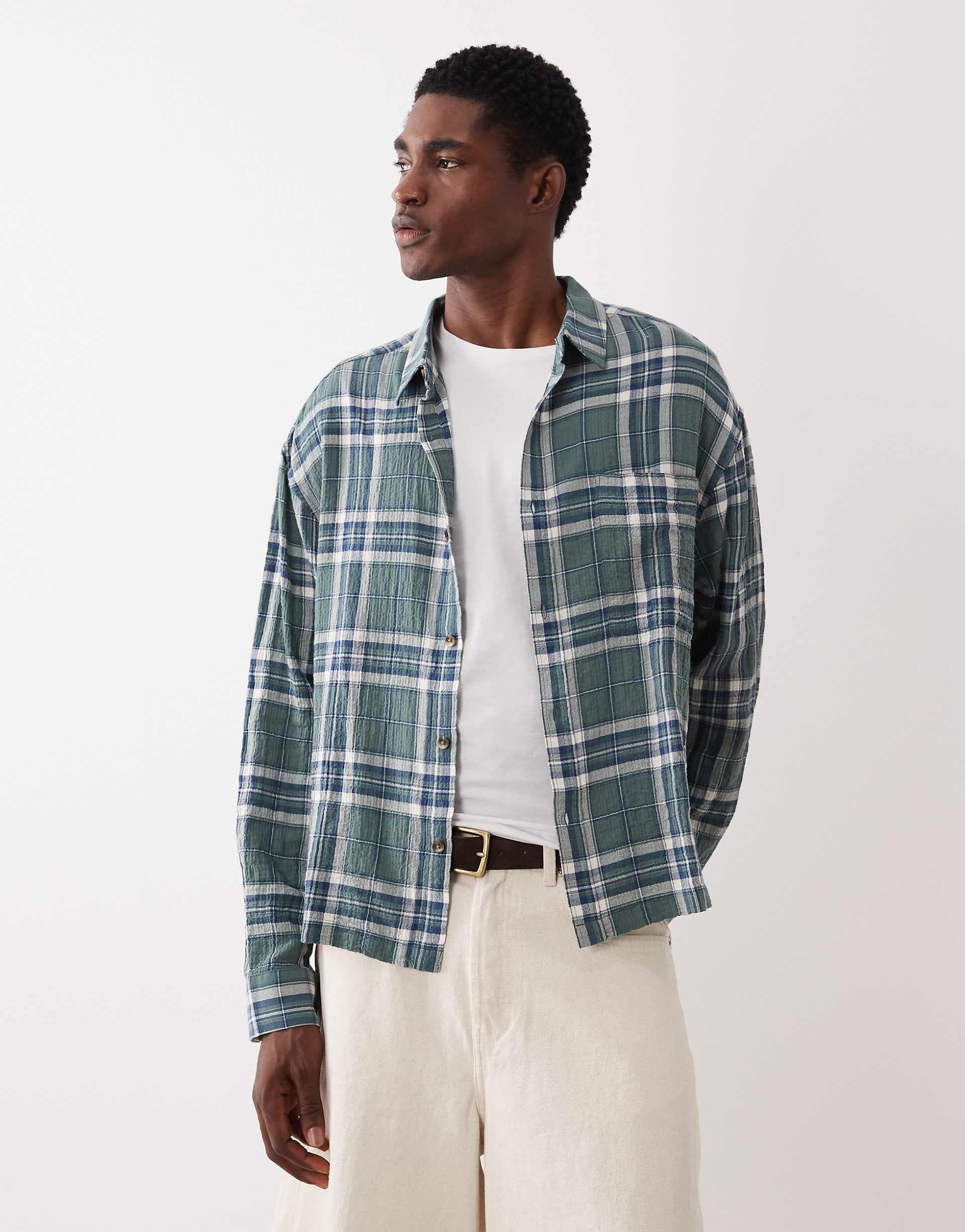 ASOS DESIGN boxy oversized textured plaid shirt in dark green