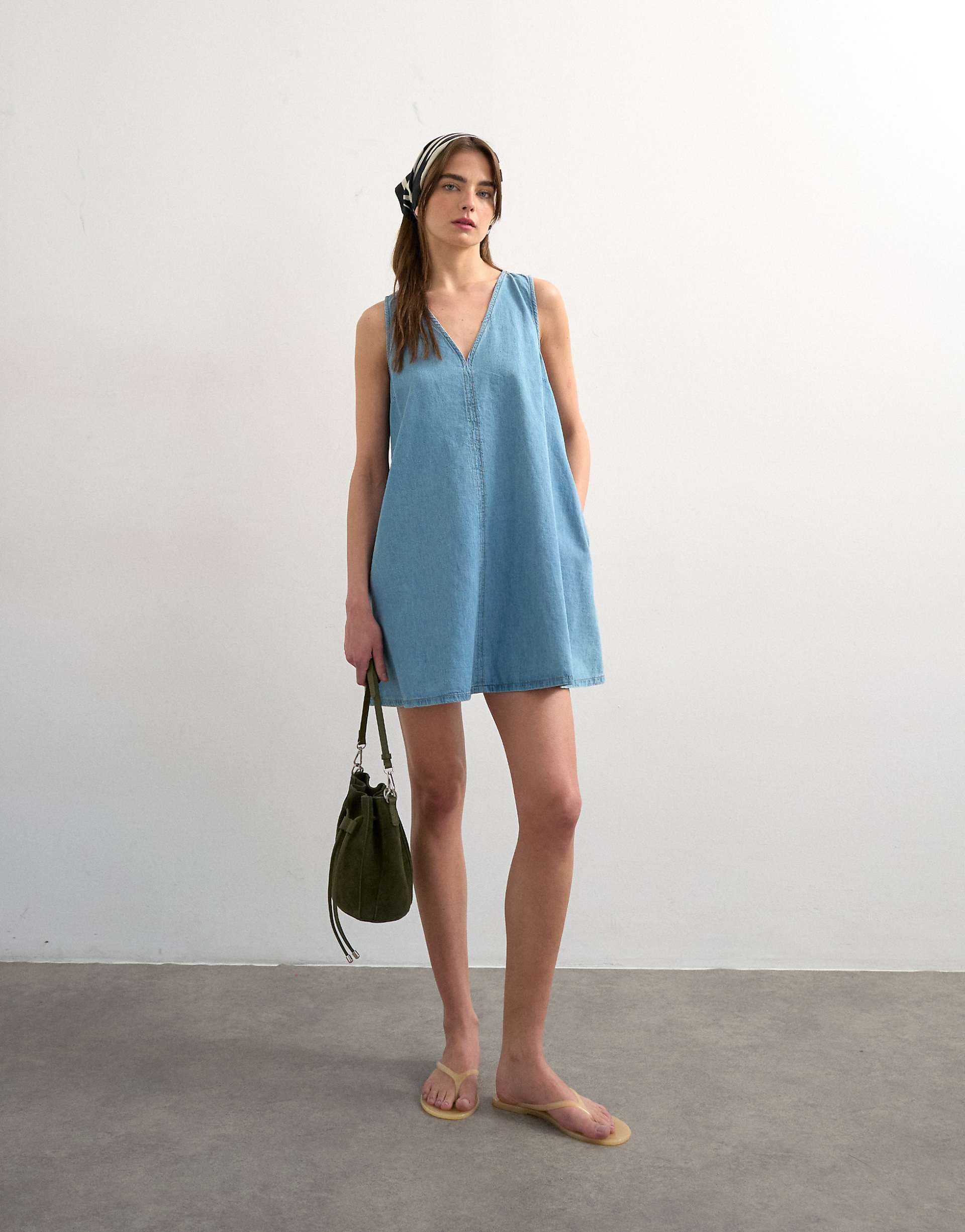 Topshop denim v-neck mini shift dress in bleach