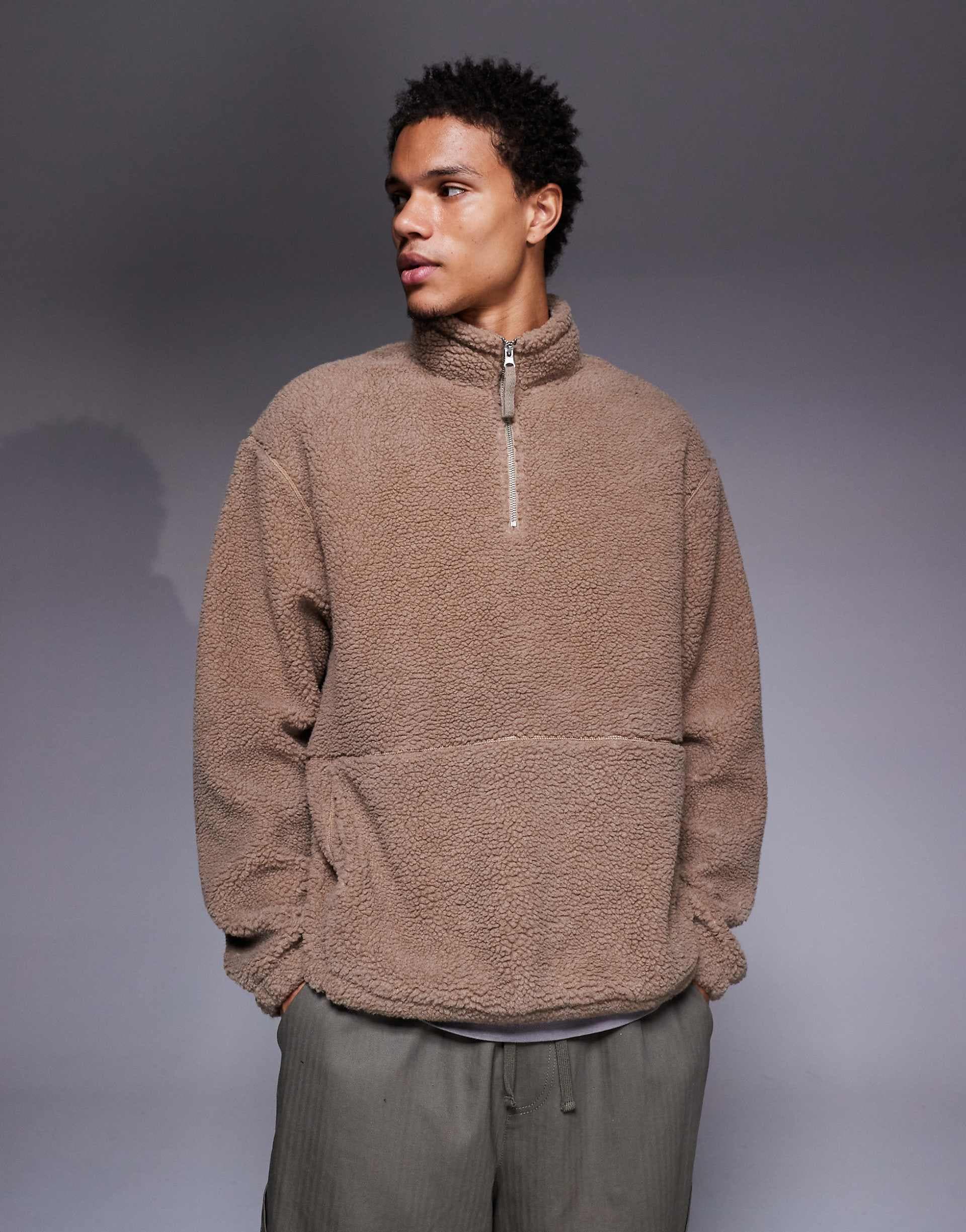 ASOS DESIGN relaxed funnel neck zip through borg sweatshirt in dark beige