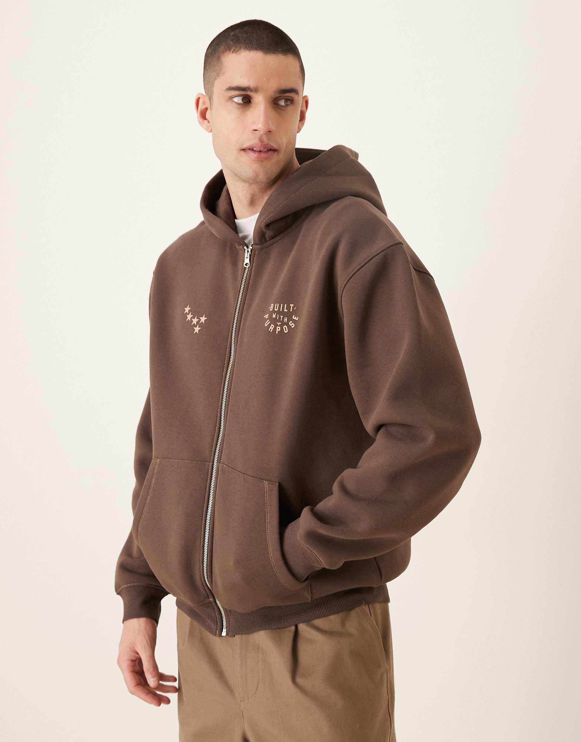 ASOS DESIGN relaxed zip up printed hoodie with contrast stitching in brown