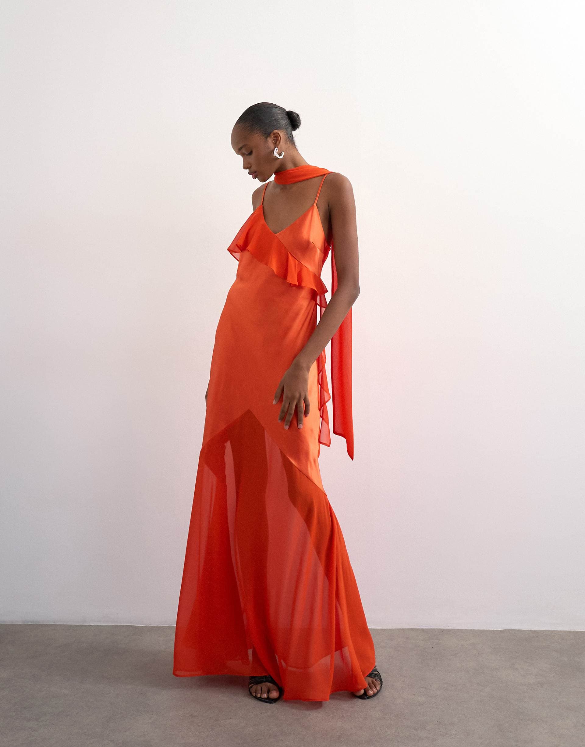Topshop mixed fabric ruffle detail maxi slip in rust